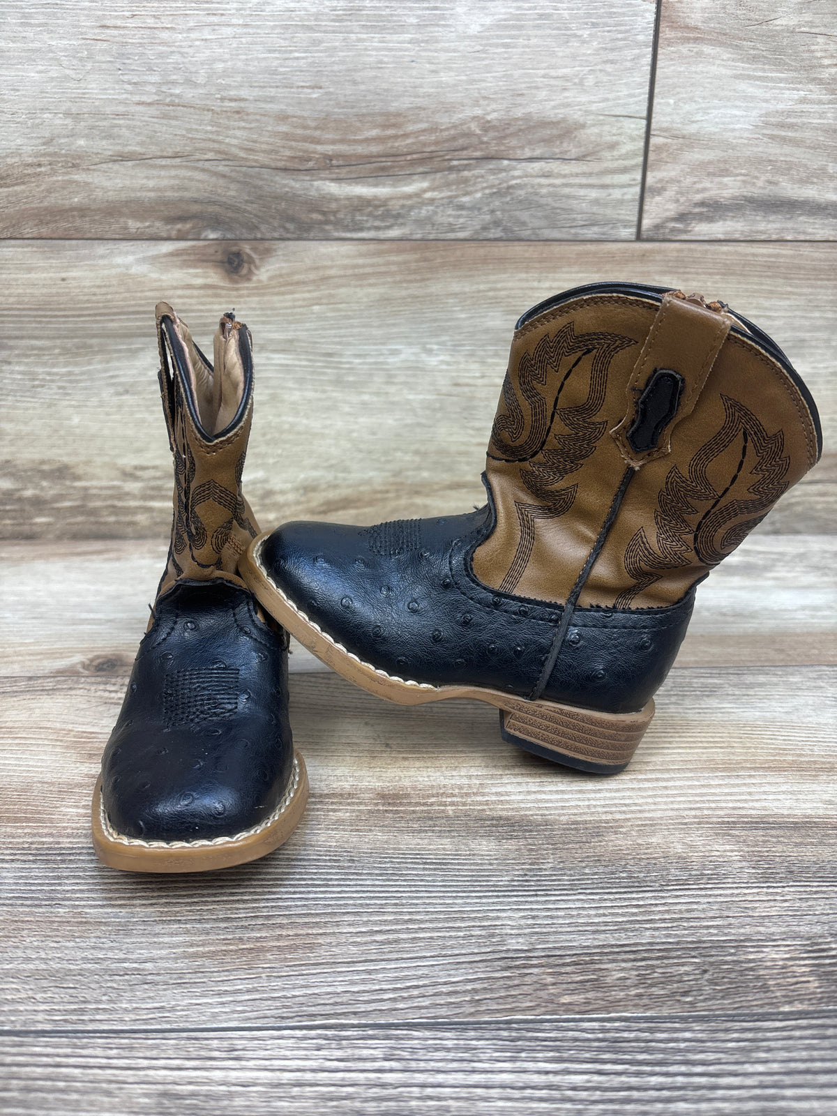 Roper Square Toe Ostrich Print Western Boots Black/Tan sz 6c