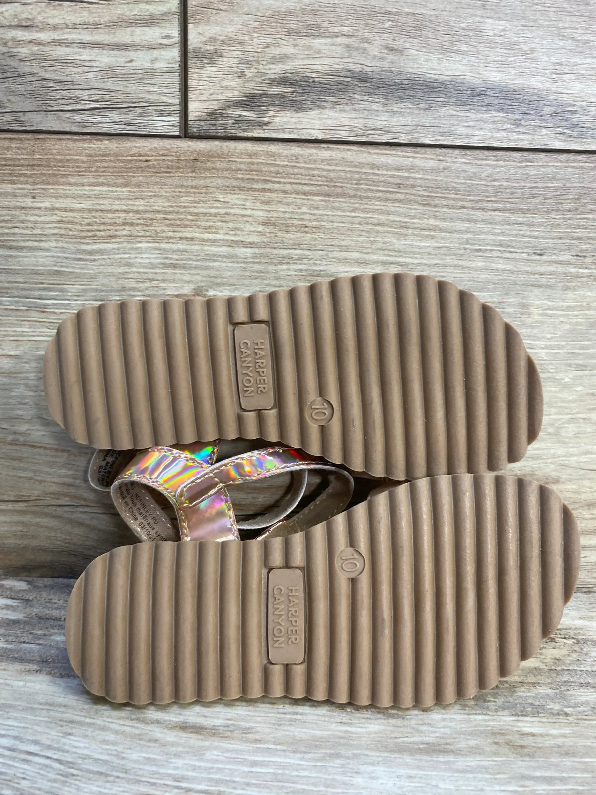 Harper Canyon toddler sandals with iridescent straps and ribbed rubber soles, size 10