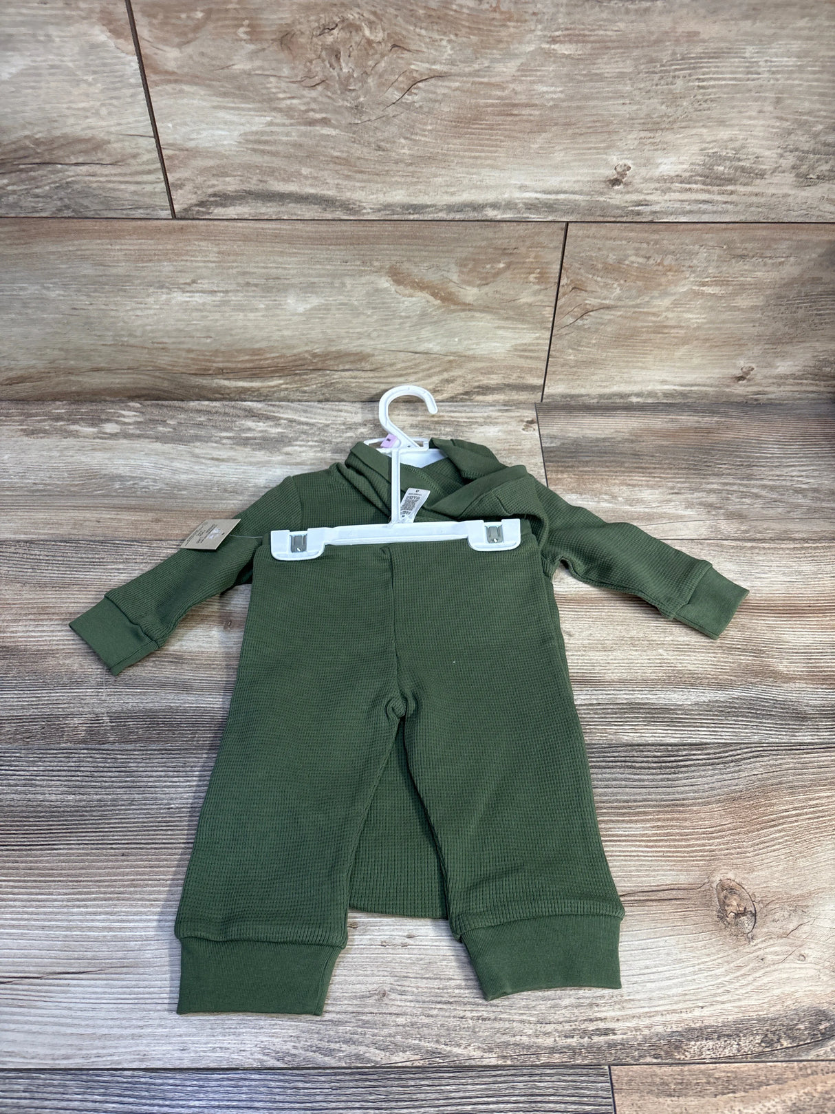 NEW Little Me 2pc Waffle Knit Hooded Henley Bodysuit & Pants Set Green sz 9m