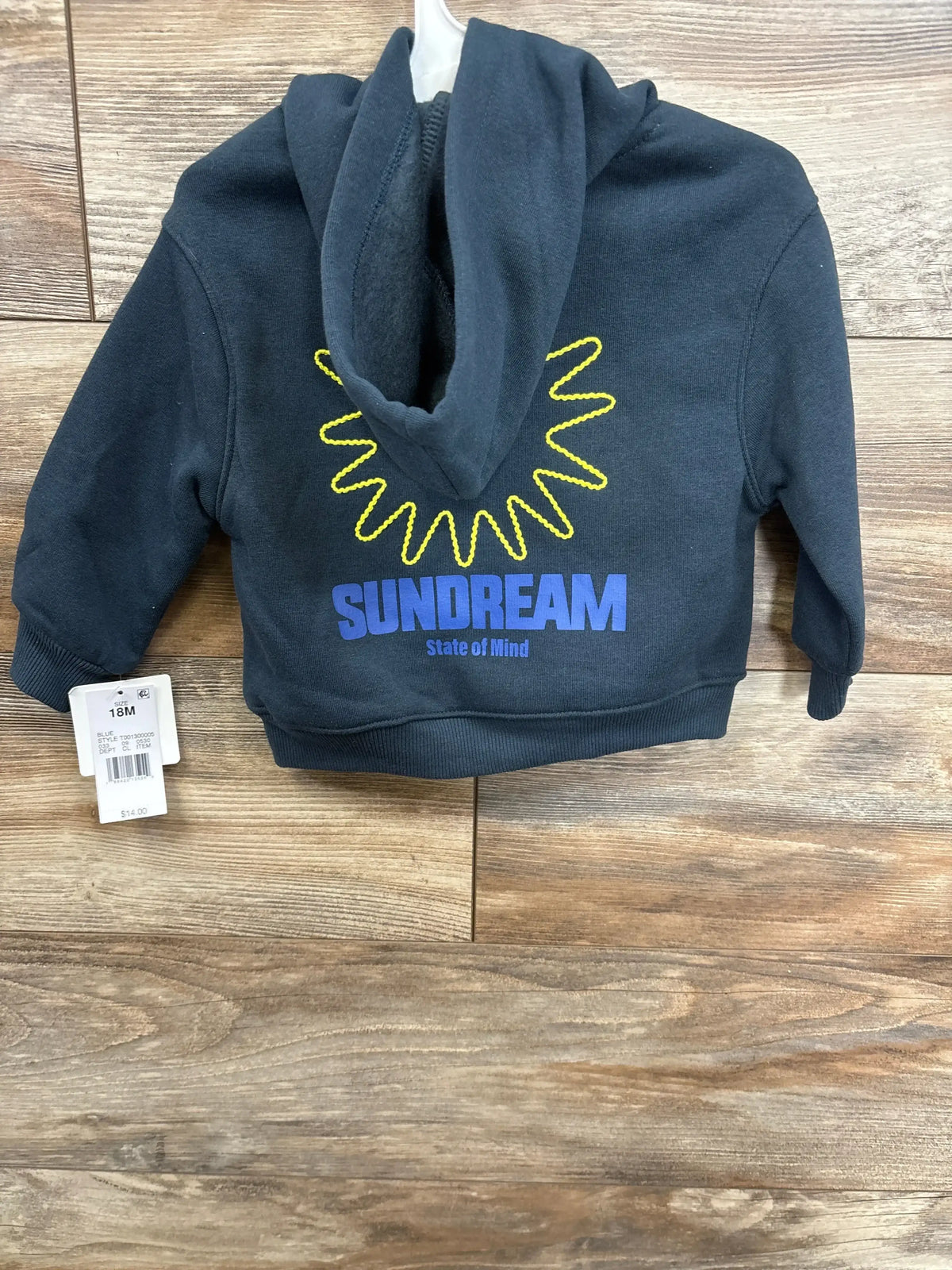 Dark blue toddler hoodie with yellow sun graphic and 'Sundream State of Mind' text on back