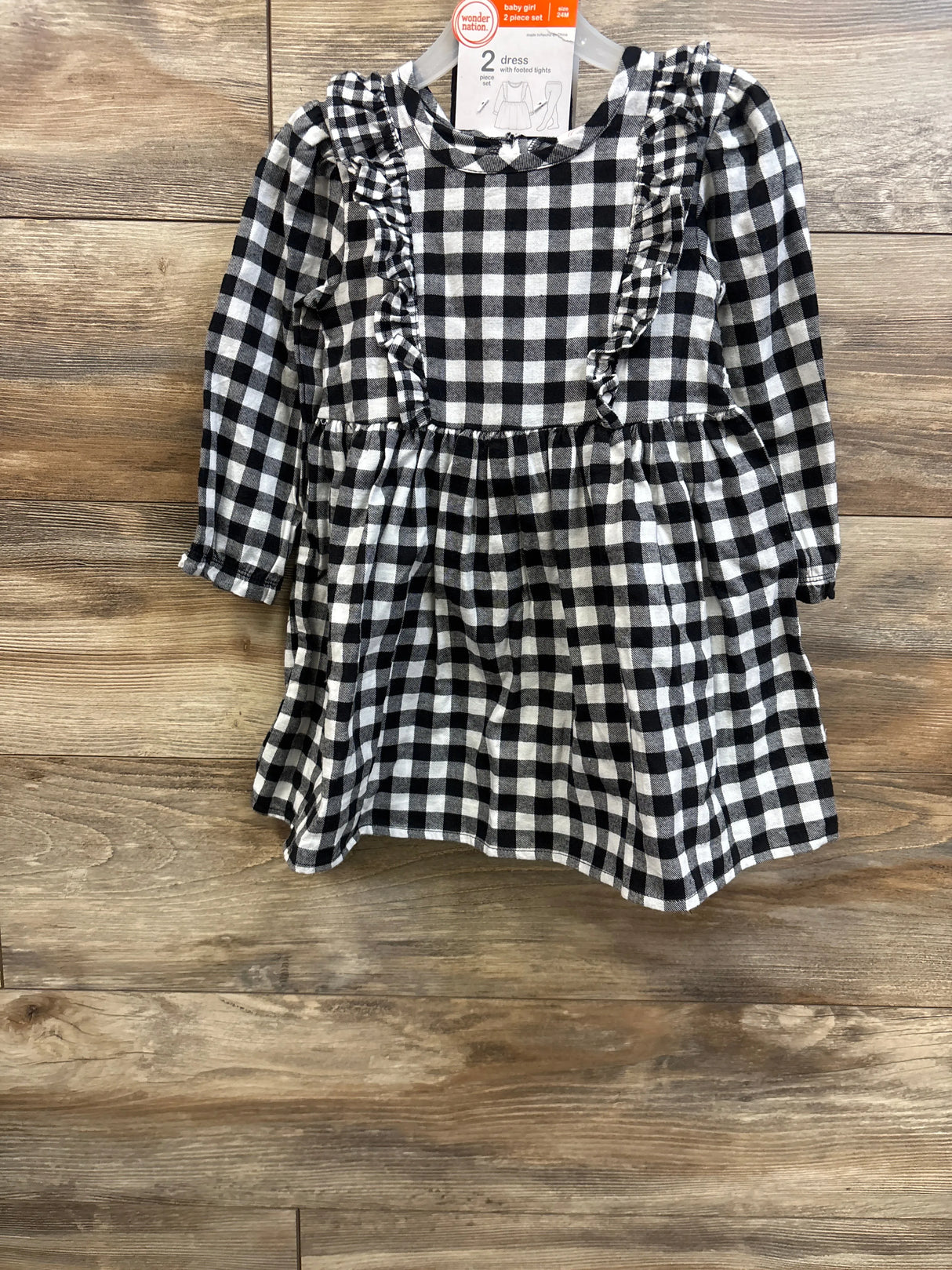 NEW Wonder Nation 2pc Plaid Knit Long Sleeve Dress & Footed Tights White sz 24m