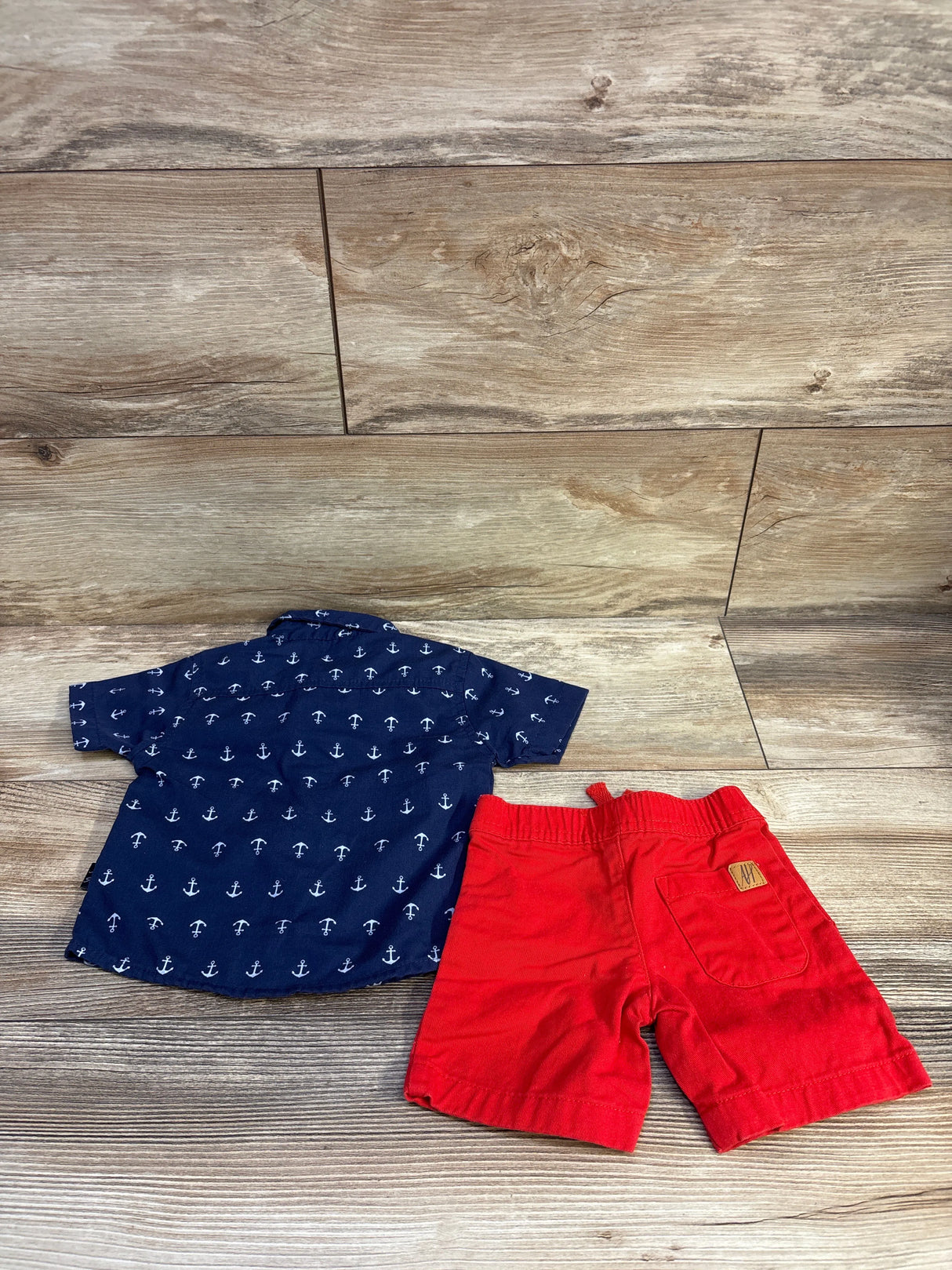 American Hawk 2pc Anchor Print Button Up Shirt & Shorts Set Blue sz 12m