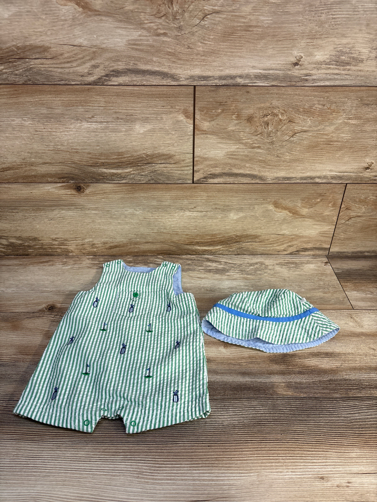 Little Me 2pc Golf Seersucker Romper & Hat Set Green sz 6m
