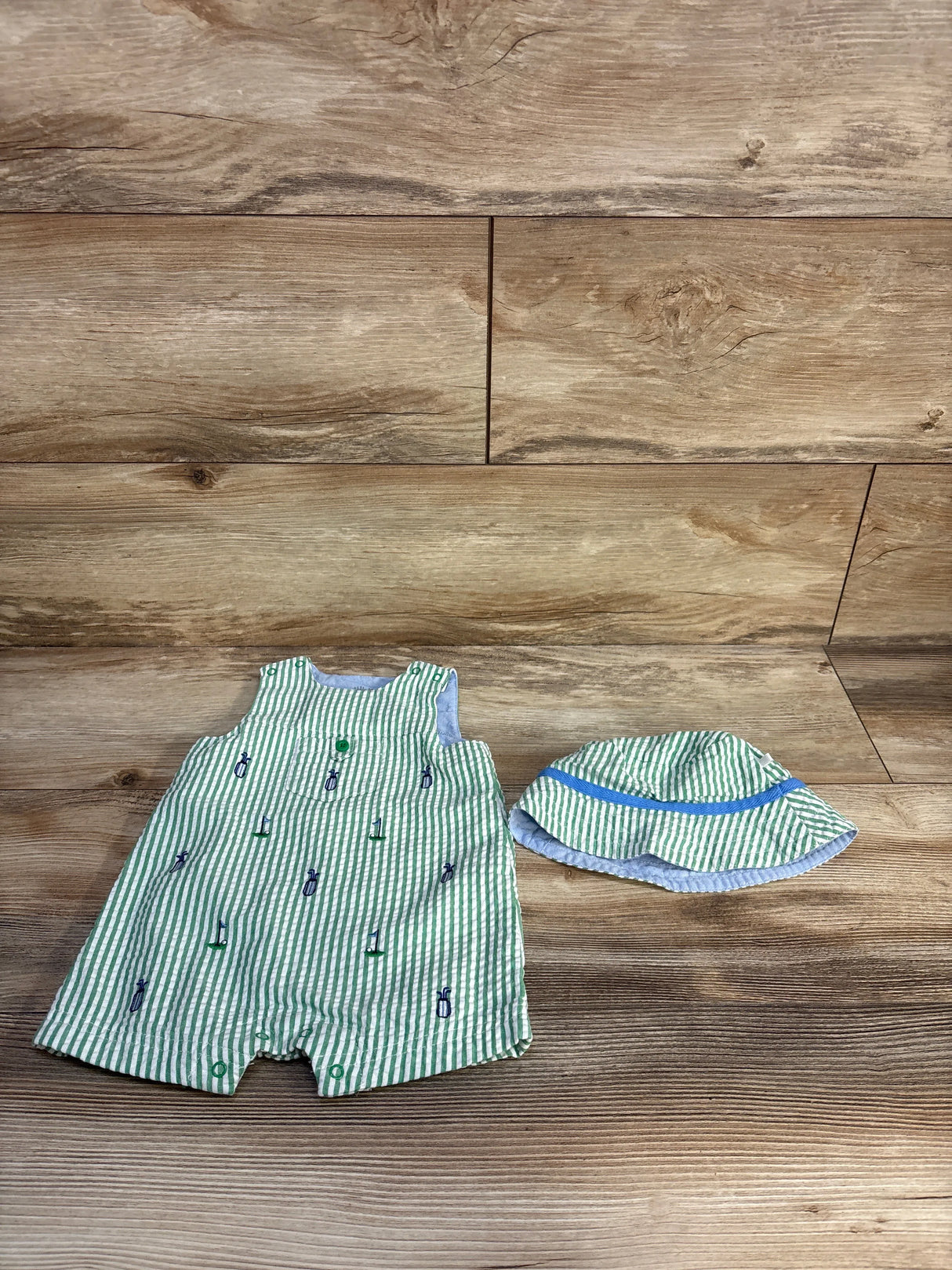 Little Me 2pc Golf Seersucker Romper & Hat Set Green sz 6m