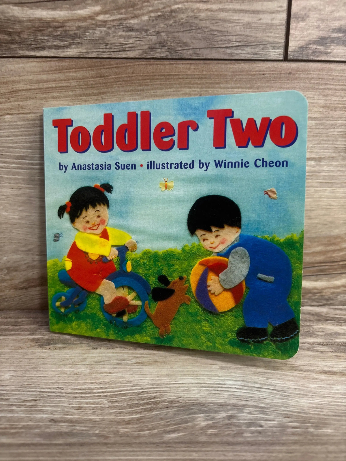 Angled front of Toddler Two board book showing illustrated cover with two children, a ball and small dog on grass against wood background