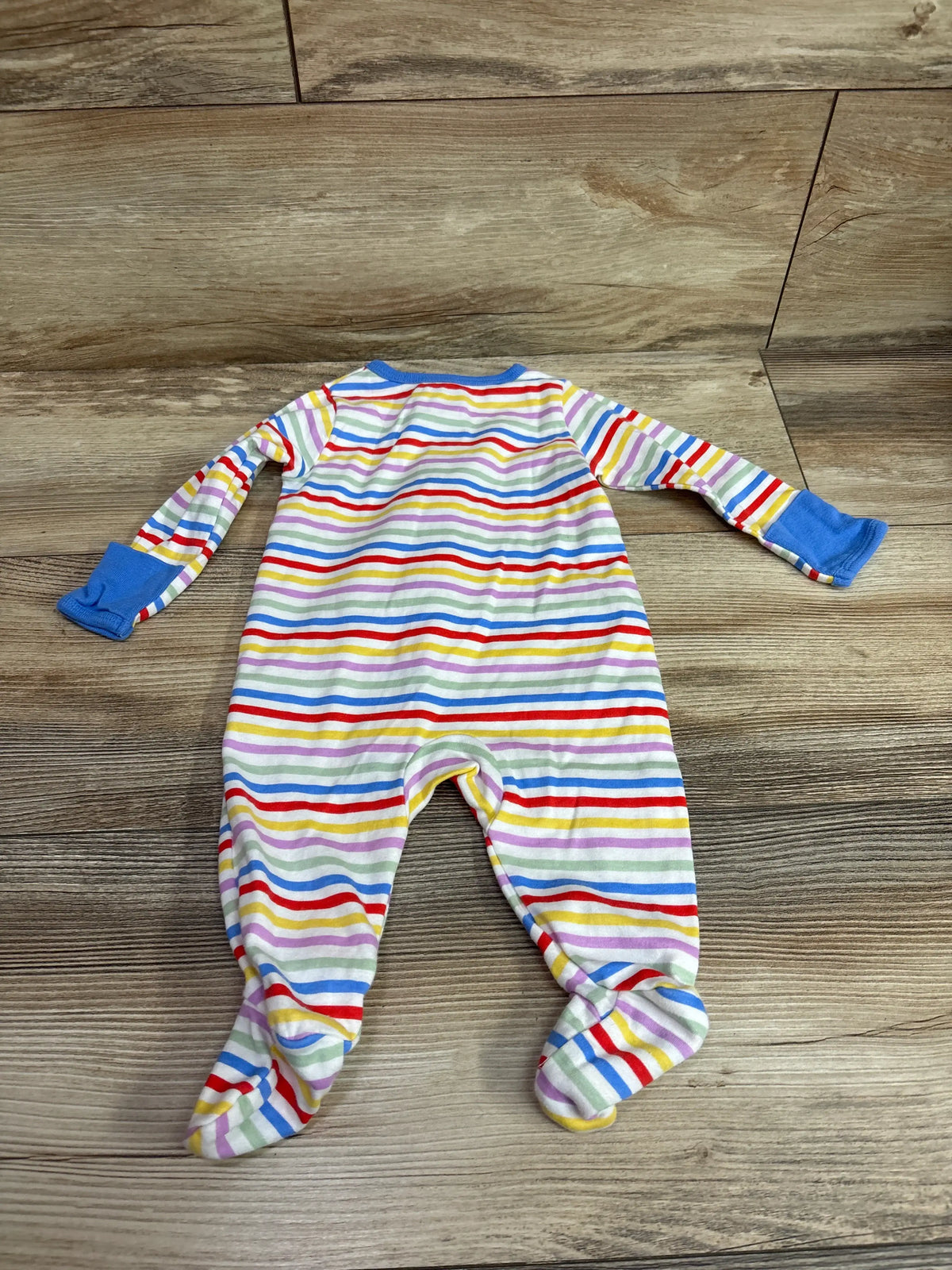 Wonder Nation striped baby sleeper in white with multicolored horizontal stripes and blue cuffs.