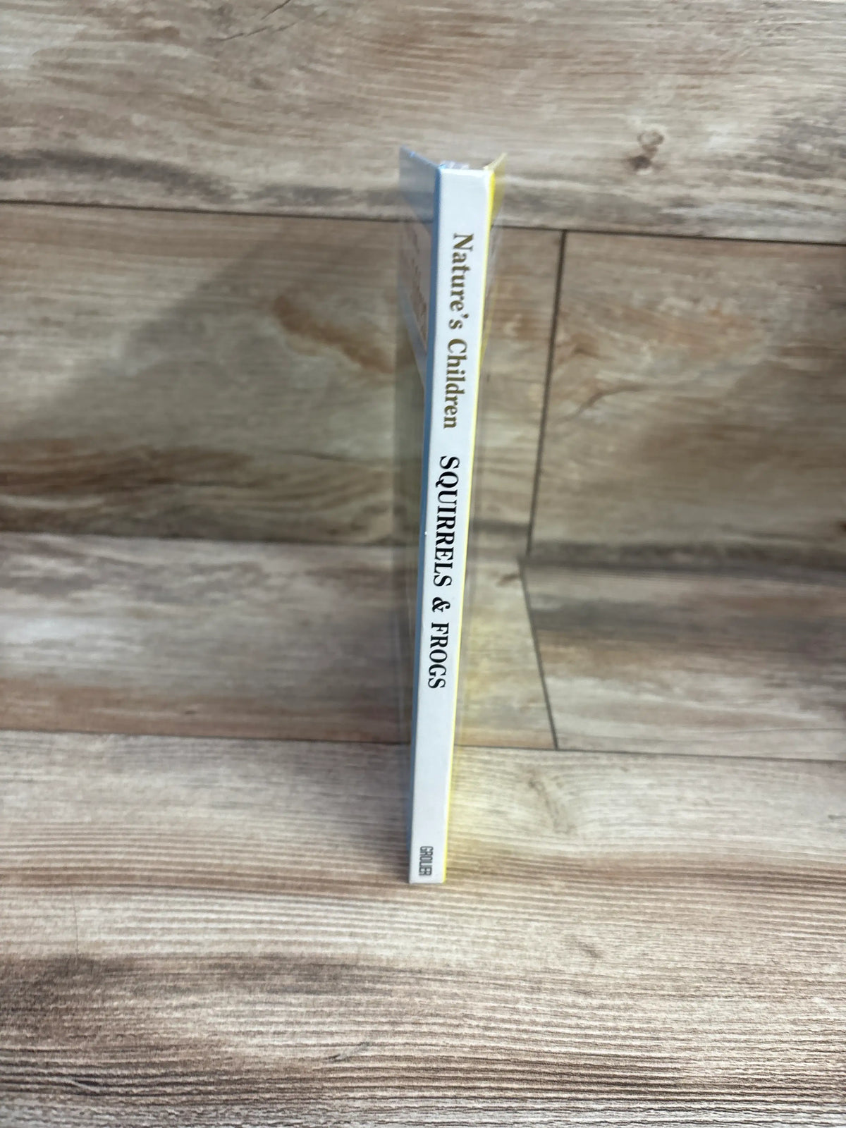 Spine view of Nature’s Children: Squirrels & Frogs hardcover book showcasing the title on a white spine with a wood-look background