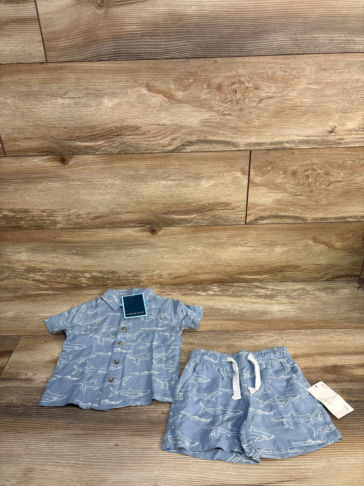 NEW Andy & Evan 2pc Button Up Shirt & Shorts Set Shark Print Blue sz 9-12m
