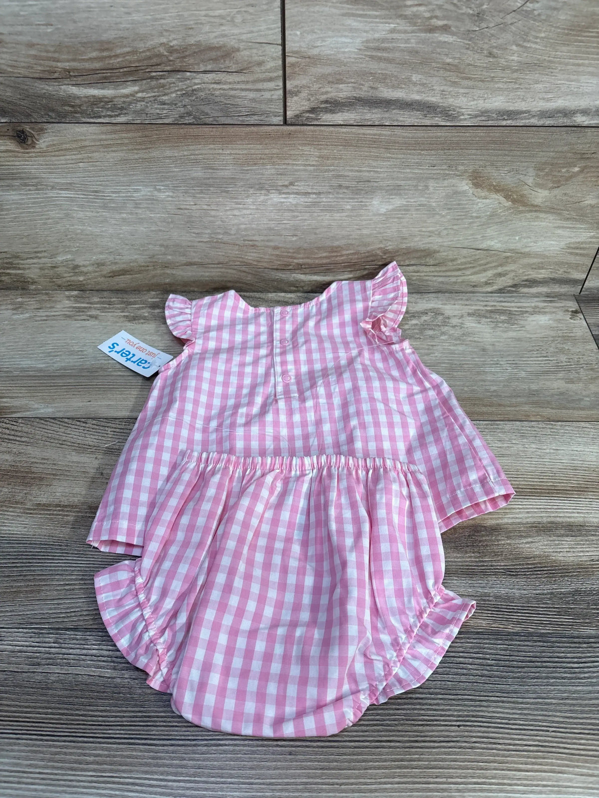 Front view of NEW Just One You 2pc Sleeveless Top & Bloomers Set showcasing pink gingham and ruffled bloomers, size 9m