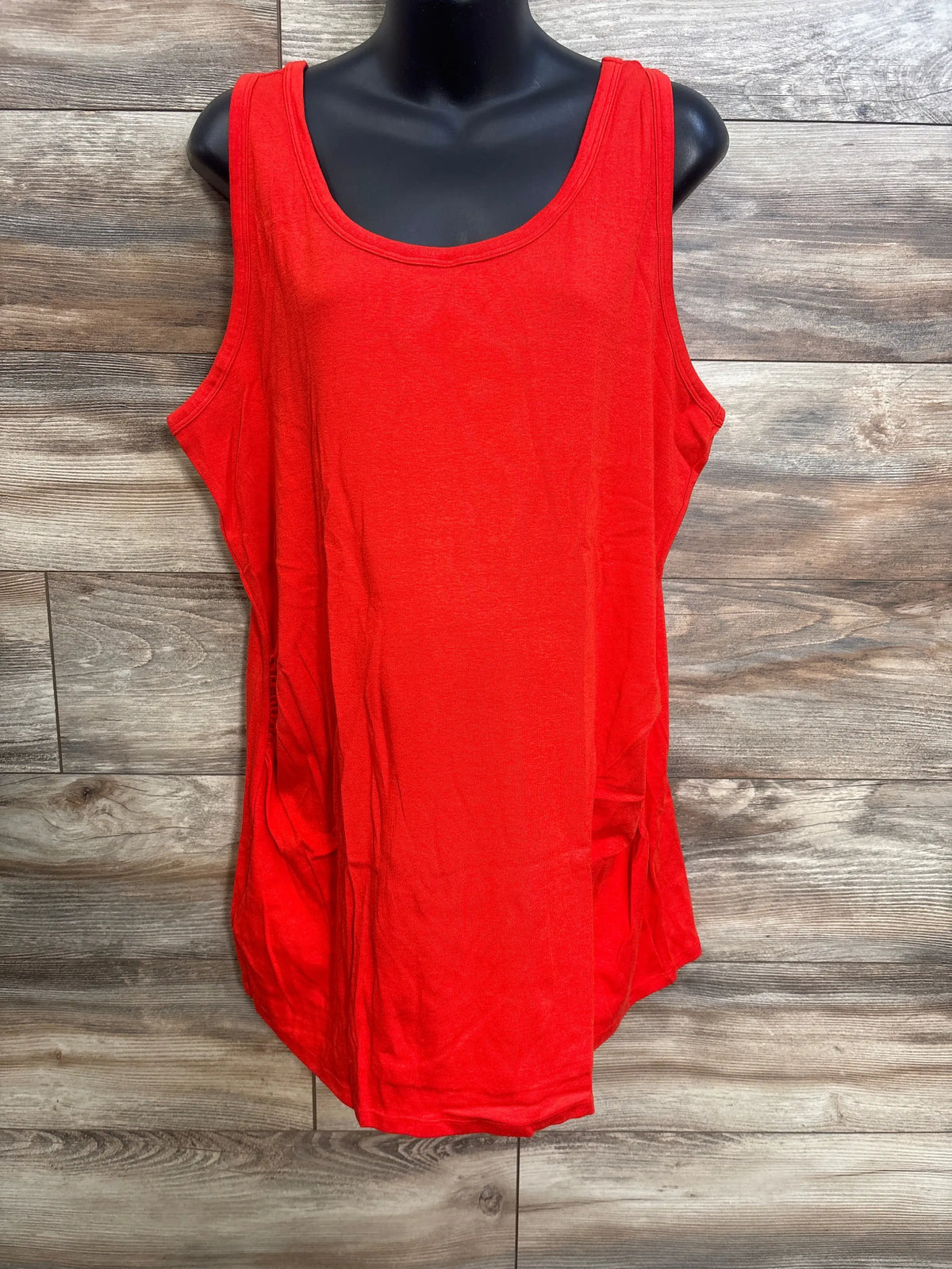 Front view of red Gap Maternity Modern Tank Top showcasing scoop neck, tank straps, and maternity fit on a mannequin