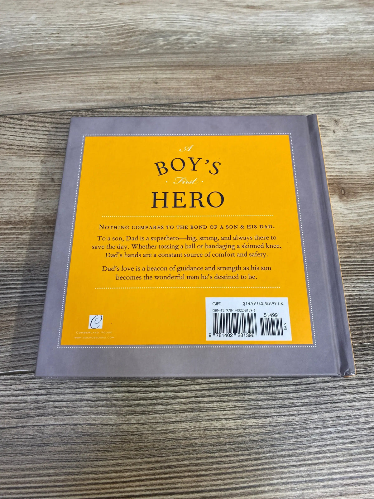 Back cover of 'Why a Son Needs a Dad' hardcover book showing yellow panel reading 'A Boy's First Hero', barcode on wood