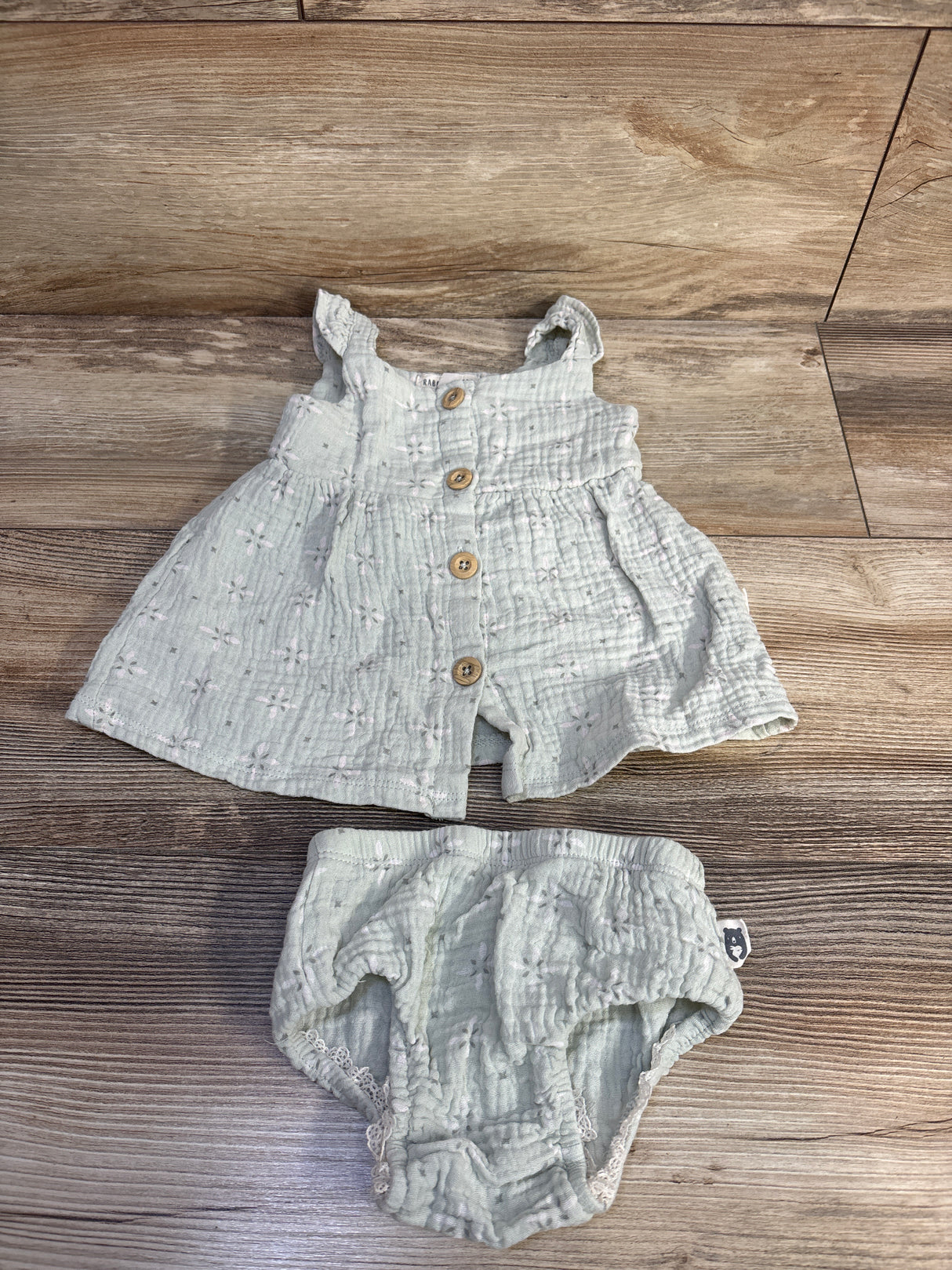 Rabbit + Bear Organic 2pc Button Front Dress & Bloomers Set Mint sz 3-6m