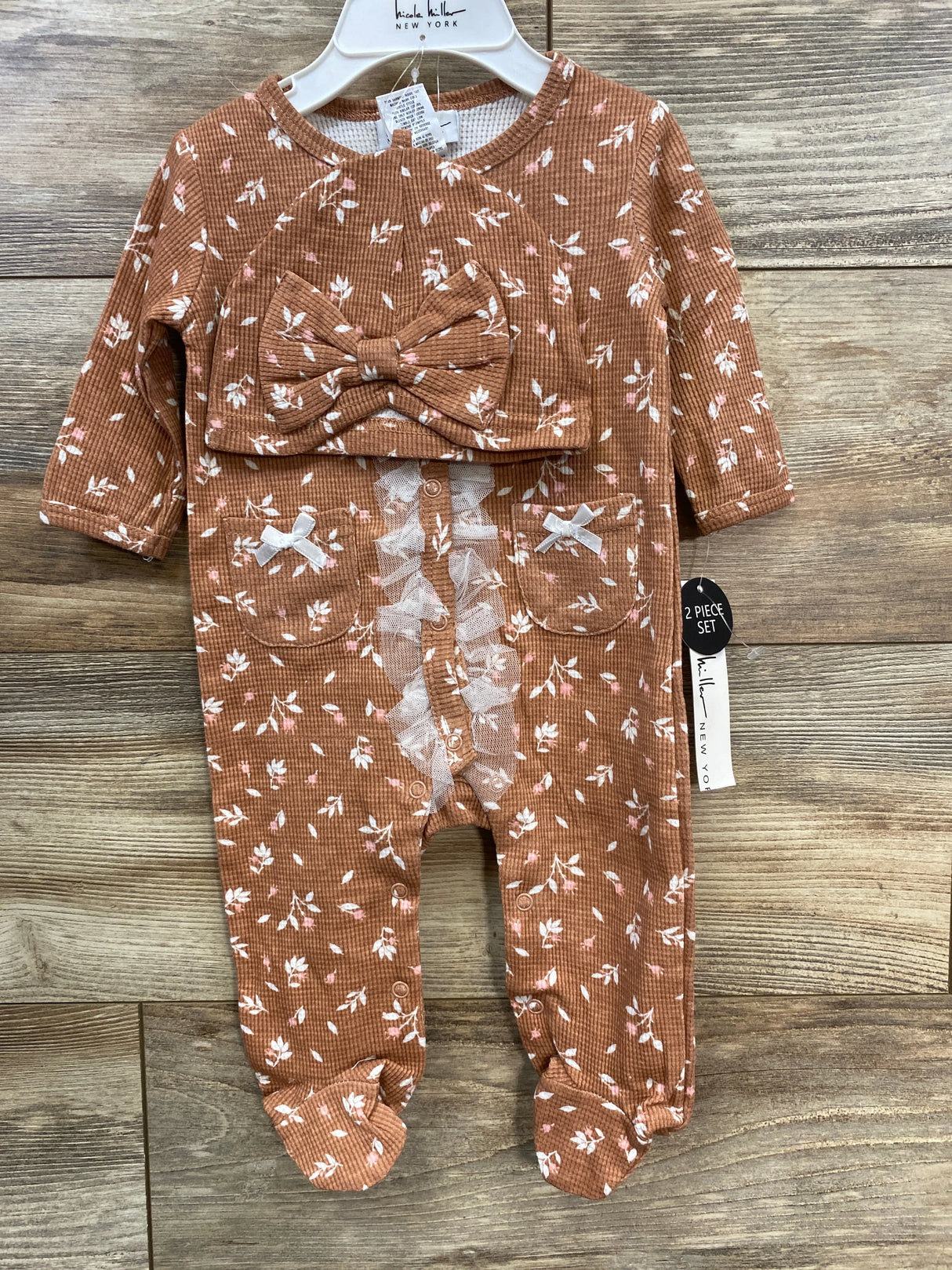 NEW Nicole Miller Waffle Knit Ruffle Coverall & Hat 2pc Set Orange sz 3-6m