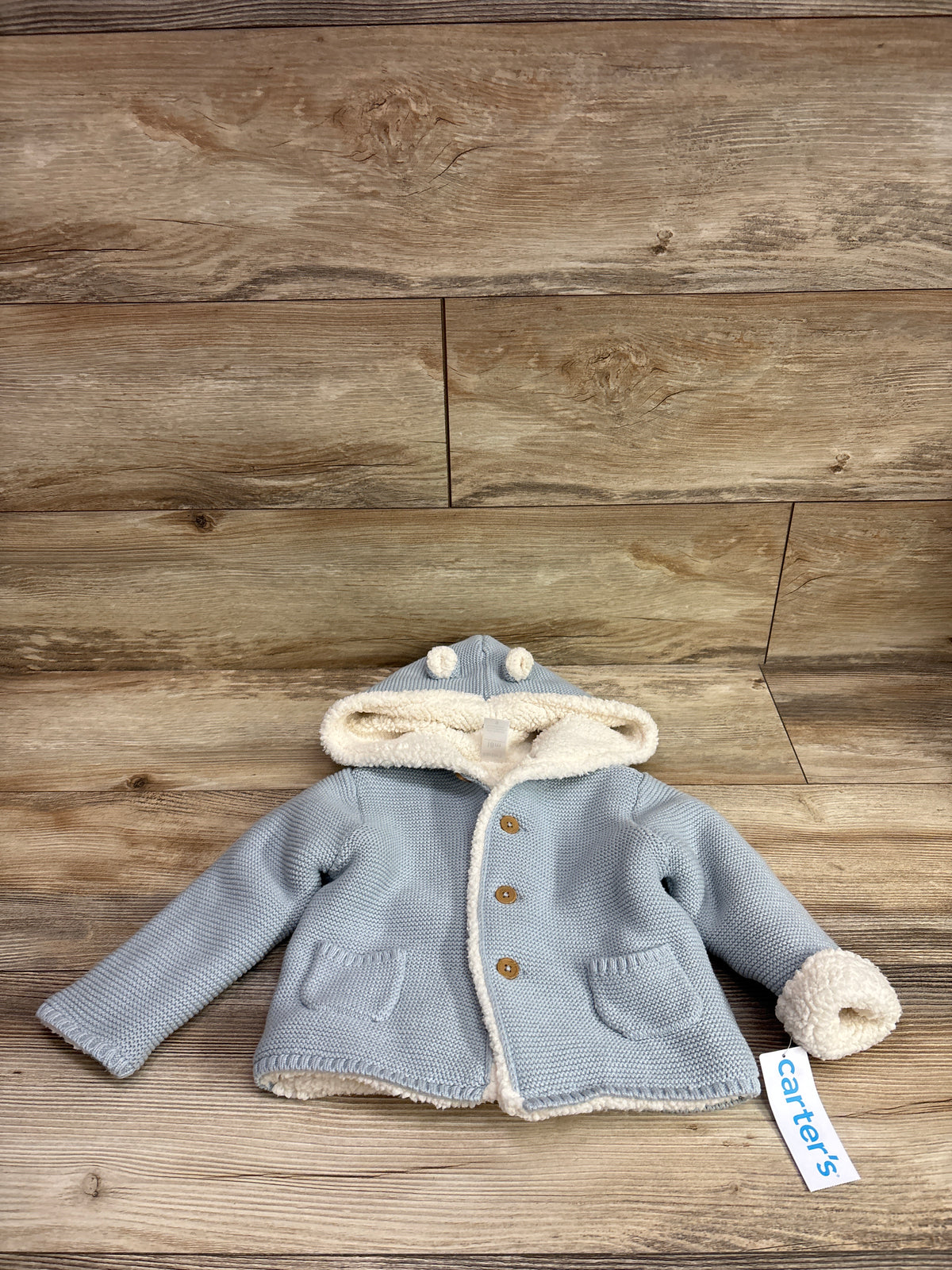 NEW Carter's Sherpa Lined Knit Hooded Button-Up Cardigan Blue sz 18m