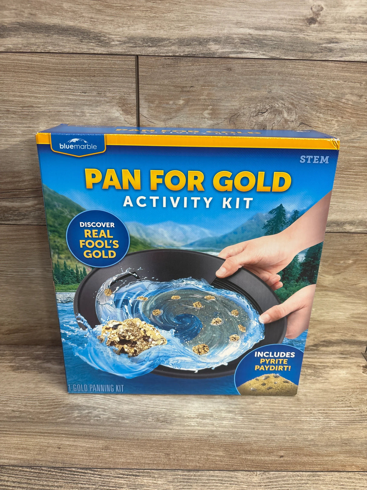 STEM pan for gold activity kit box with panning tray and fool’s gold illustration