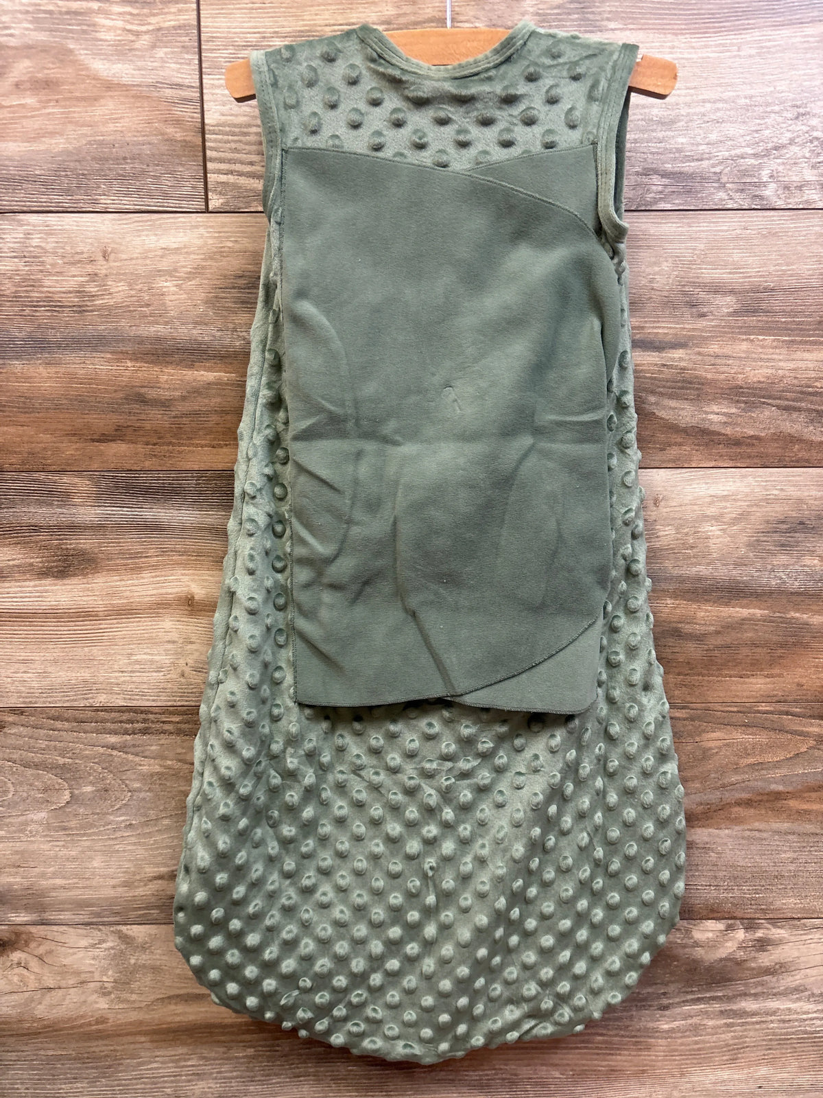 Front view of green BSTOPPT Minky Dot three way adjustable sleep sack swaddle with textured fabric and overlapping front panel