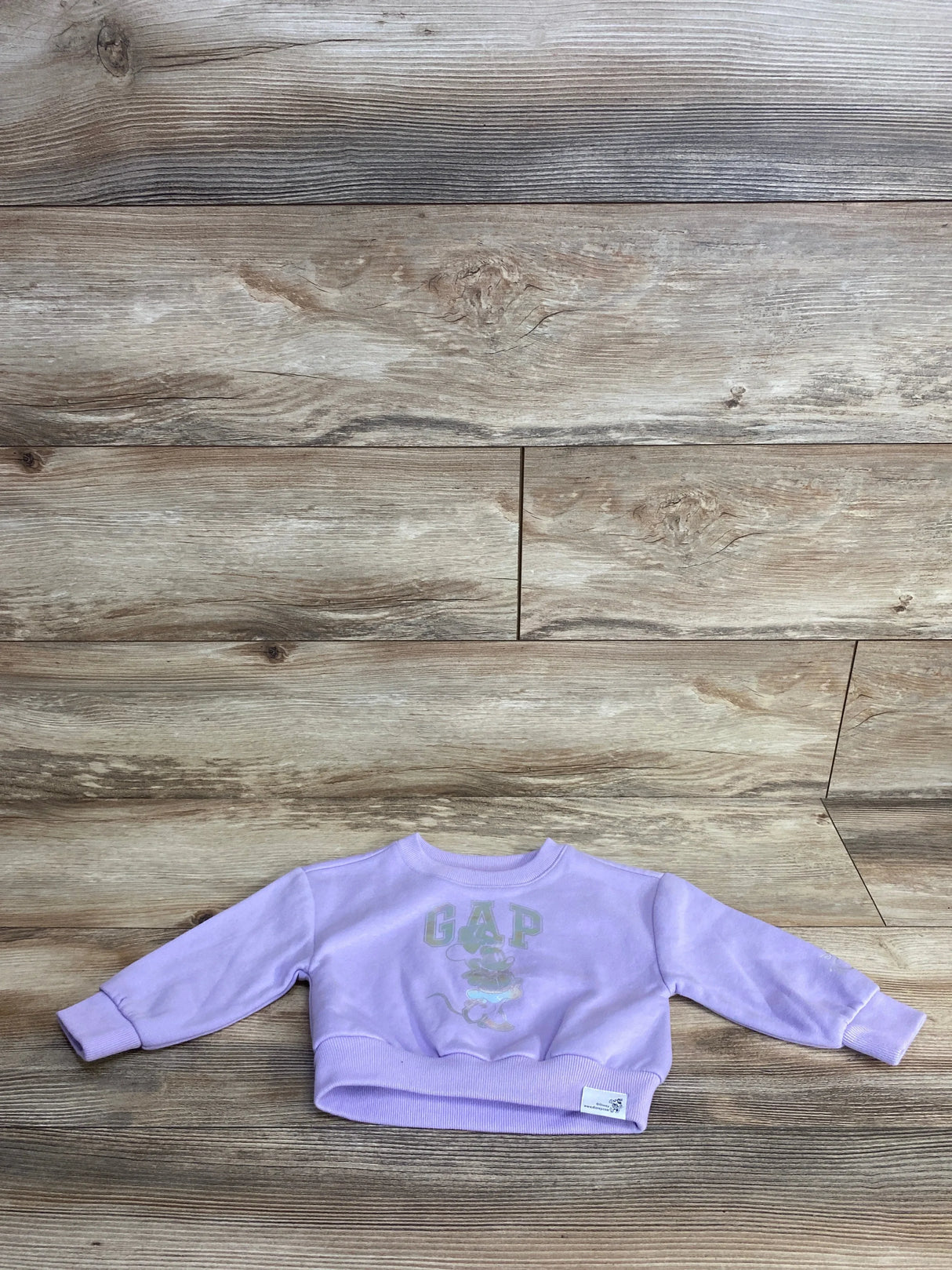 Lilac GAP toddler sweatshirt with mouse graphic, long sleeves, laid on wood background