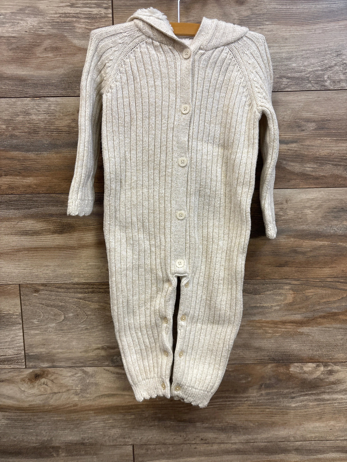 Oshkosh Ribbed Knit Hooded Button-Up Coverall Beige sz 24m