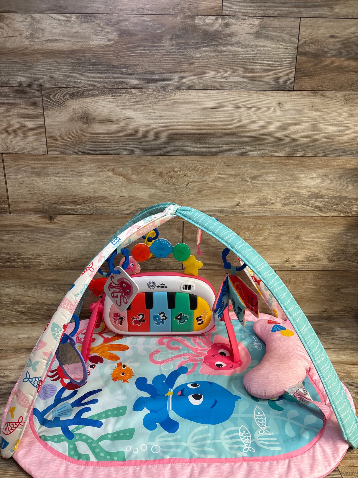 Front view of Baby Einstein Jellyfish Jamboree activity gym showing keyboard piano and hanging sea toys on aqua mat with wood backdrop