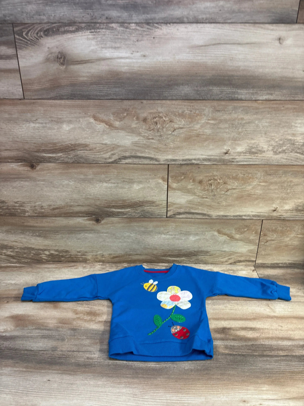 Flat lay of toddler blue sweatshirt showcasing embroidered white flower, bee, and ladybug appliqués on wood background