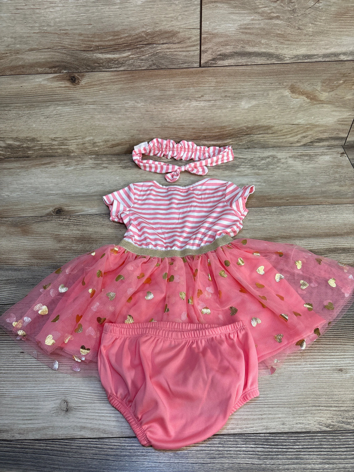 Pink and white striped baby dress set with matching headband, tutu skirt and bloomers, heart print