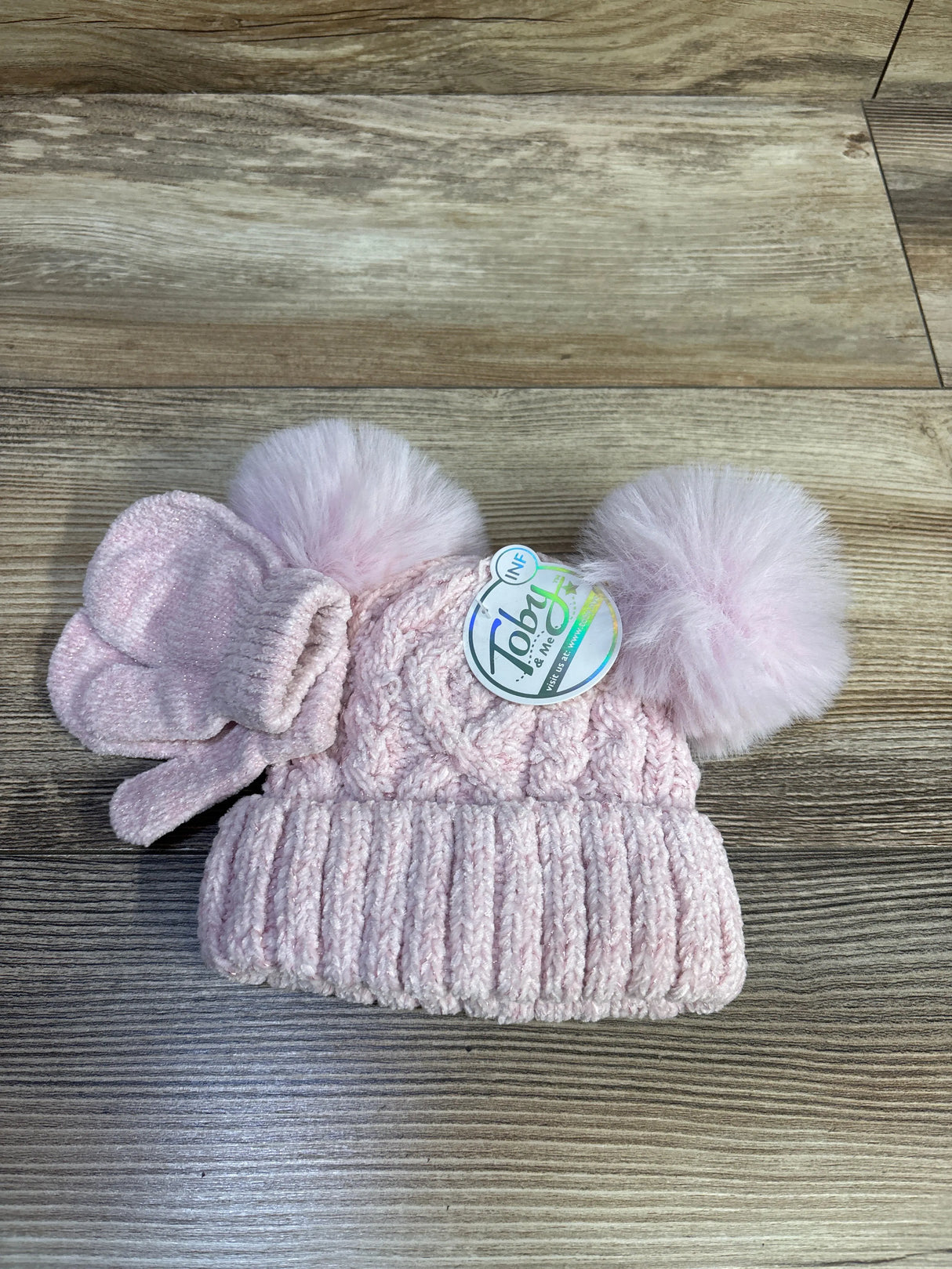 NEW Toby & Me 2pc Pom Pom Beanie & Mittens Set Pink sz 6-12m