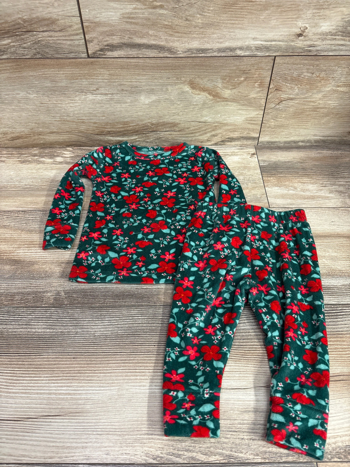 Cat & Jack 2pc green velour pajama set with red floral print for size 12m baby