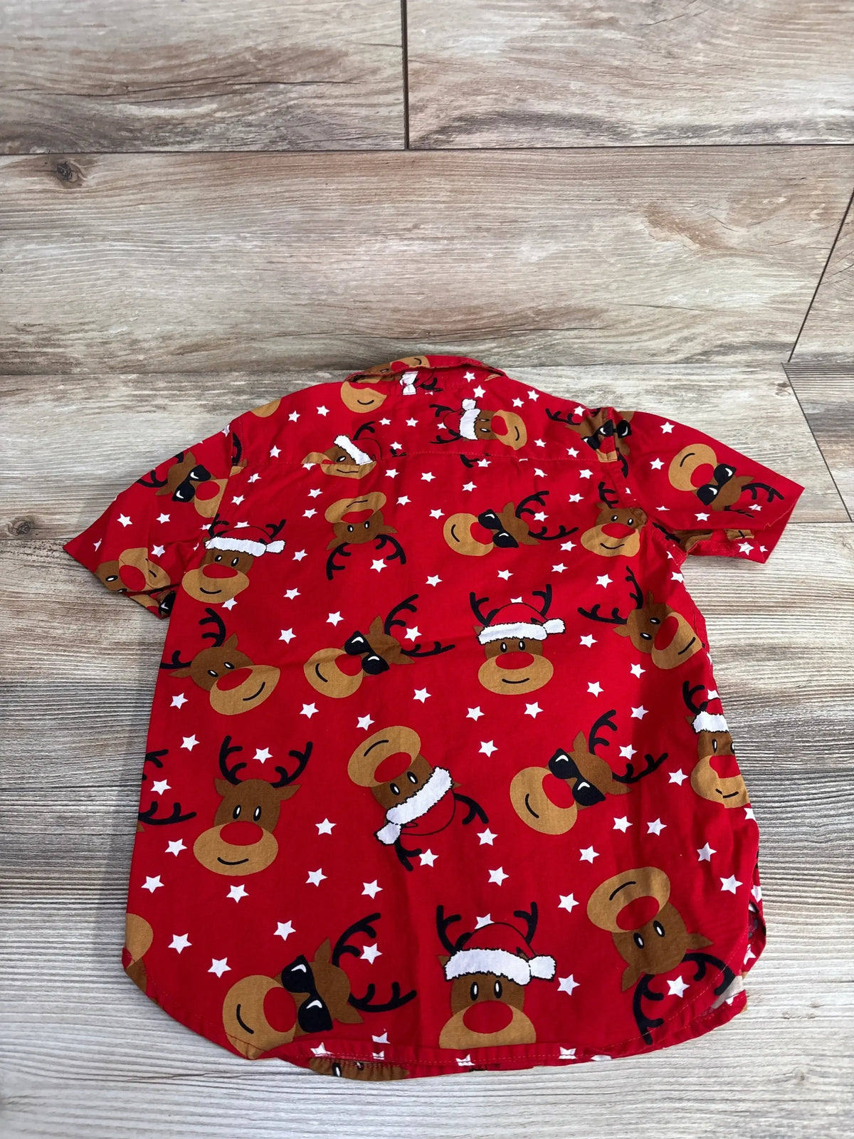 Red Christmas baby onesie with reindeer and stars print, holiday kids clothing