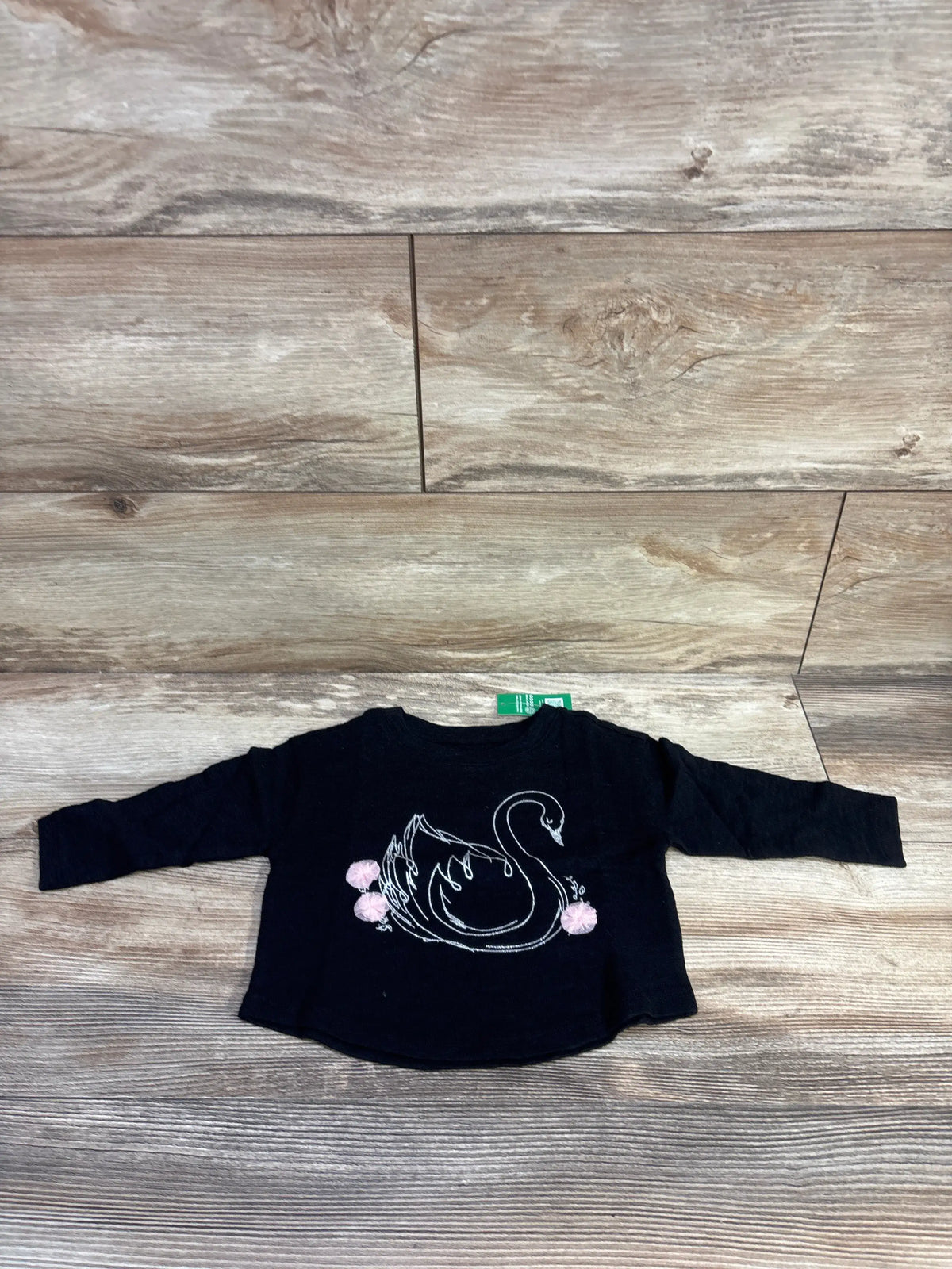 Front view of Baby Gap black long sleeve graphic shirt showcasing a swan and pink flower design on a wood-look background