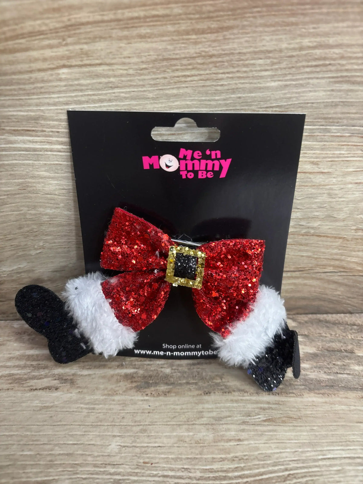Red glitter Santa bow hair clip with white fur trim and gold buckle for kids holiday outfits