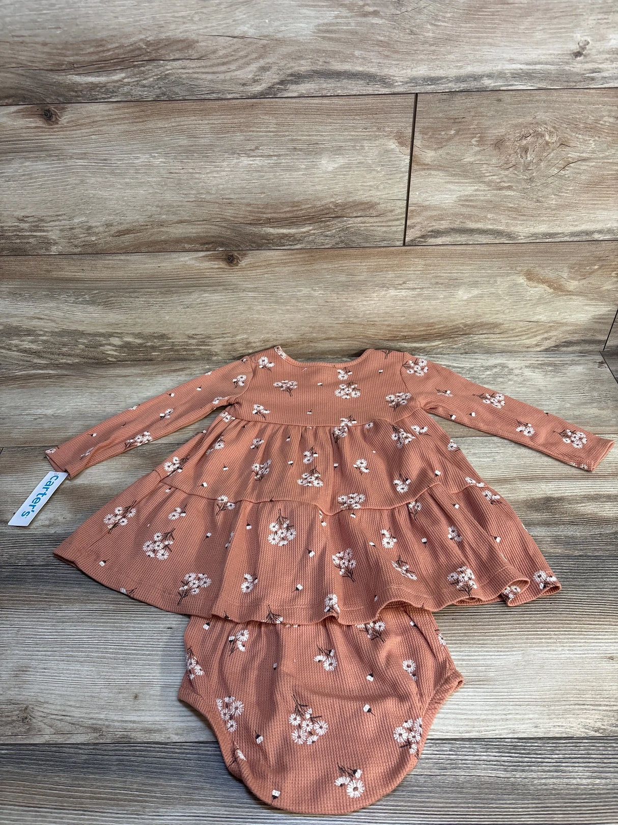 Long sleeve floral baby dress and bodysuit set in rust color on wood background
