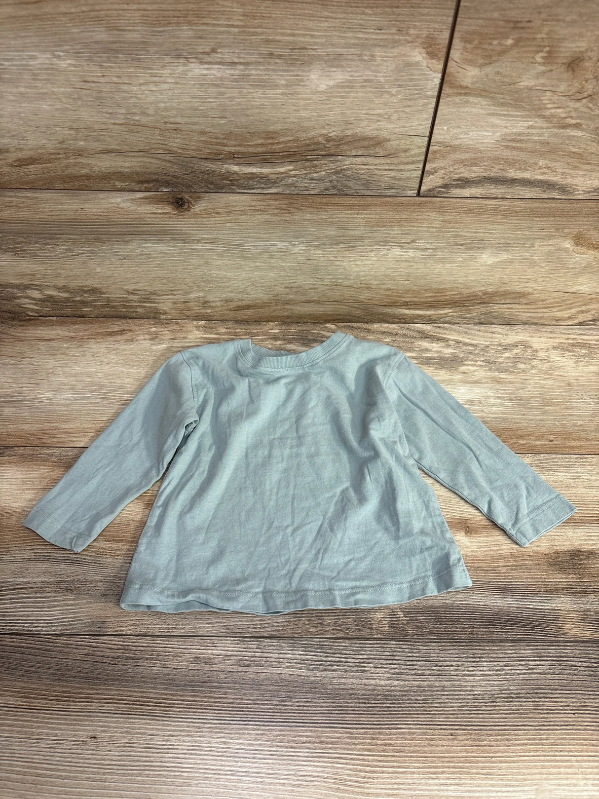 Light blue long-sleeve toddler shirt on wooden floor background, kids clothes resale