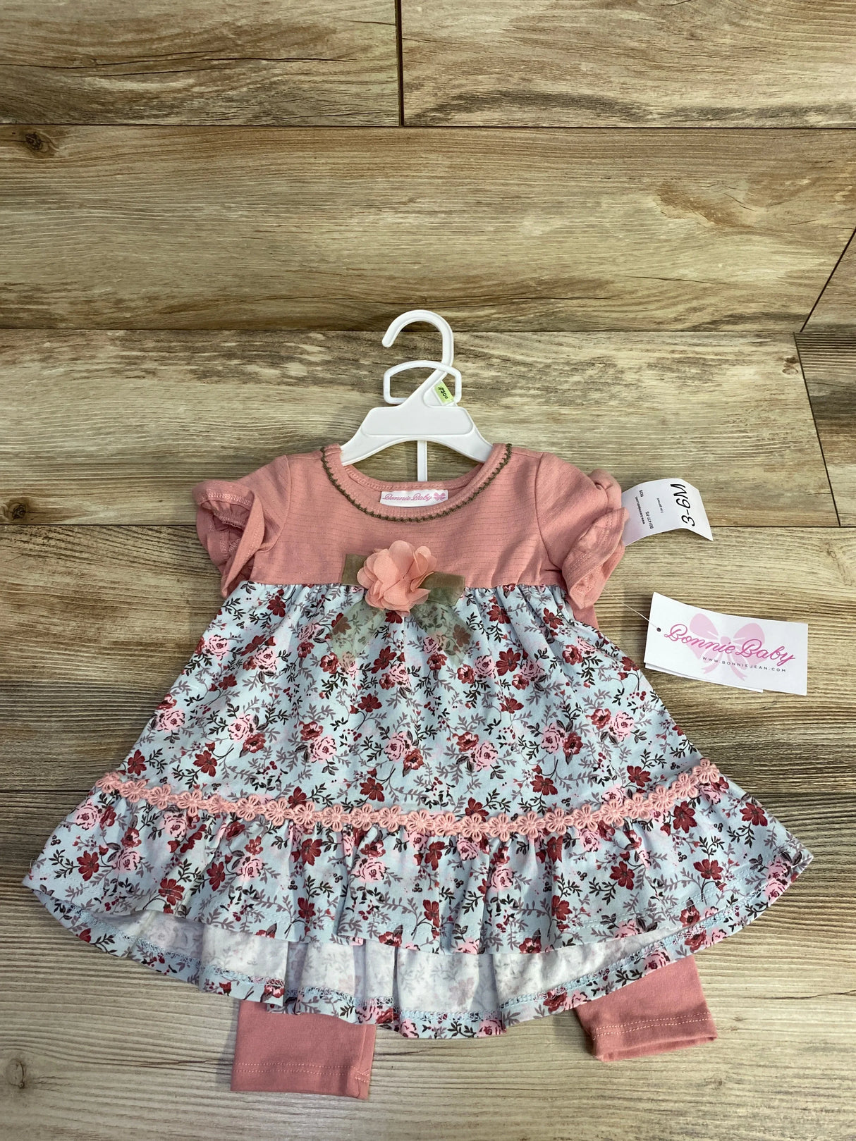 Bonnie Baby pink floral dress with ruffle details and matching leggings for infants, size 3-6M