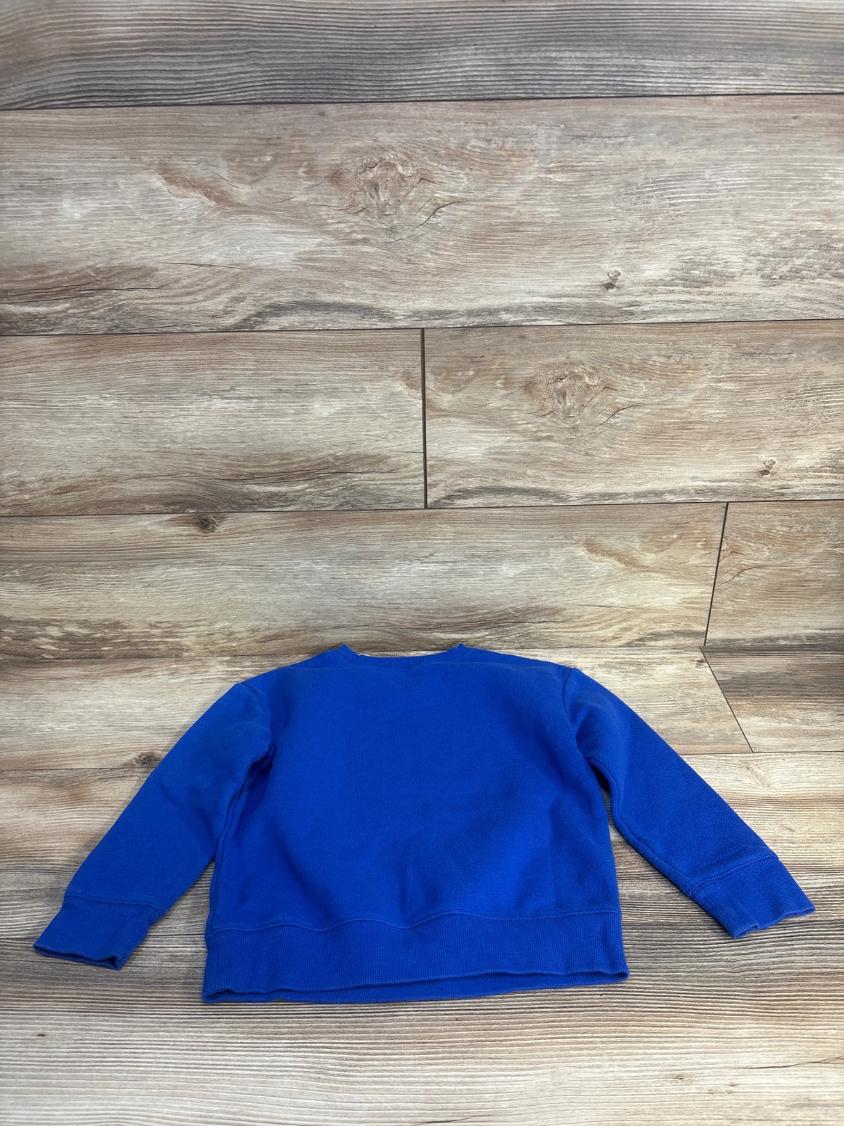 Back view of Jumping Beans fleece dinosaur pullover in bright blue showcasing ribbed cuffs and hem on light wood background