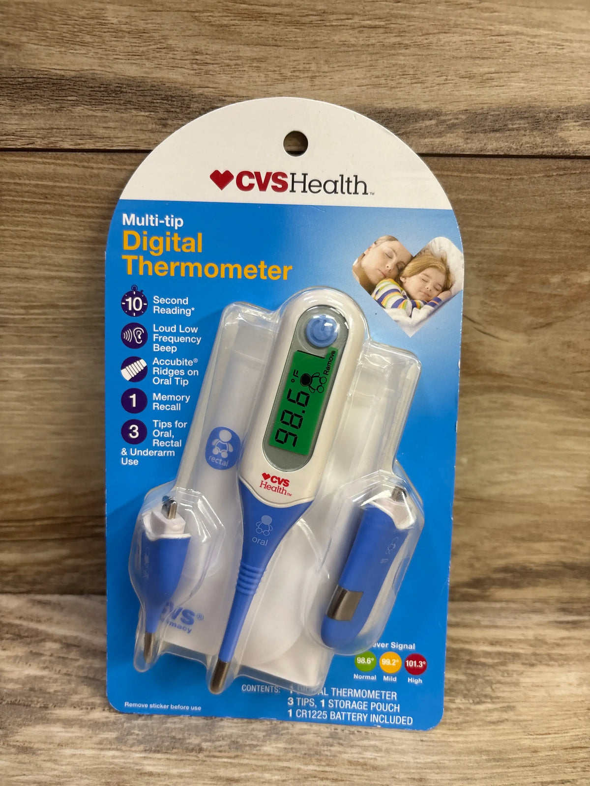 Front view of CVS Health Multi-tip Digital Thermometer with three tips for oral, rectal, and underarm use in retail packaging