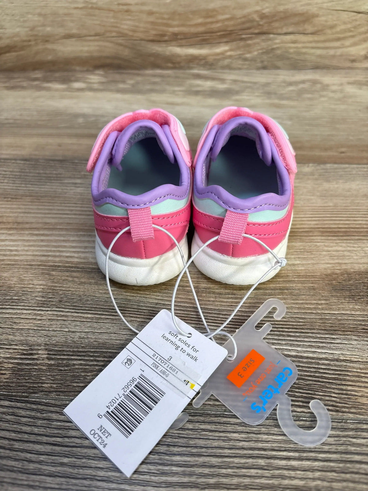 Pair of pink and lavender baby shoes with tags, size 3, soft soles for early walkers