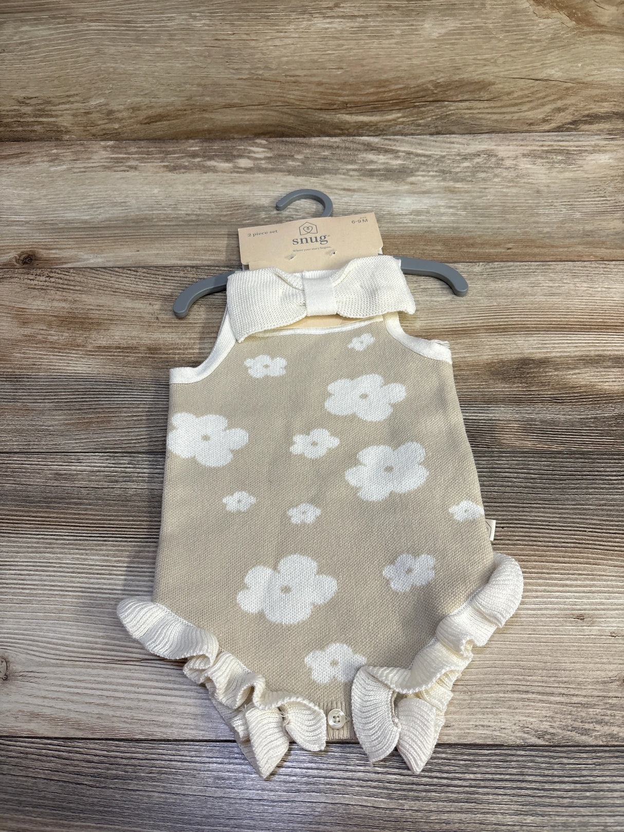 NEW Snug 2pc Knit Floral Bubble Romper & Headband Set Tan sz 6-9m