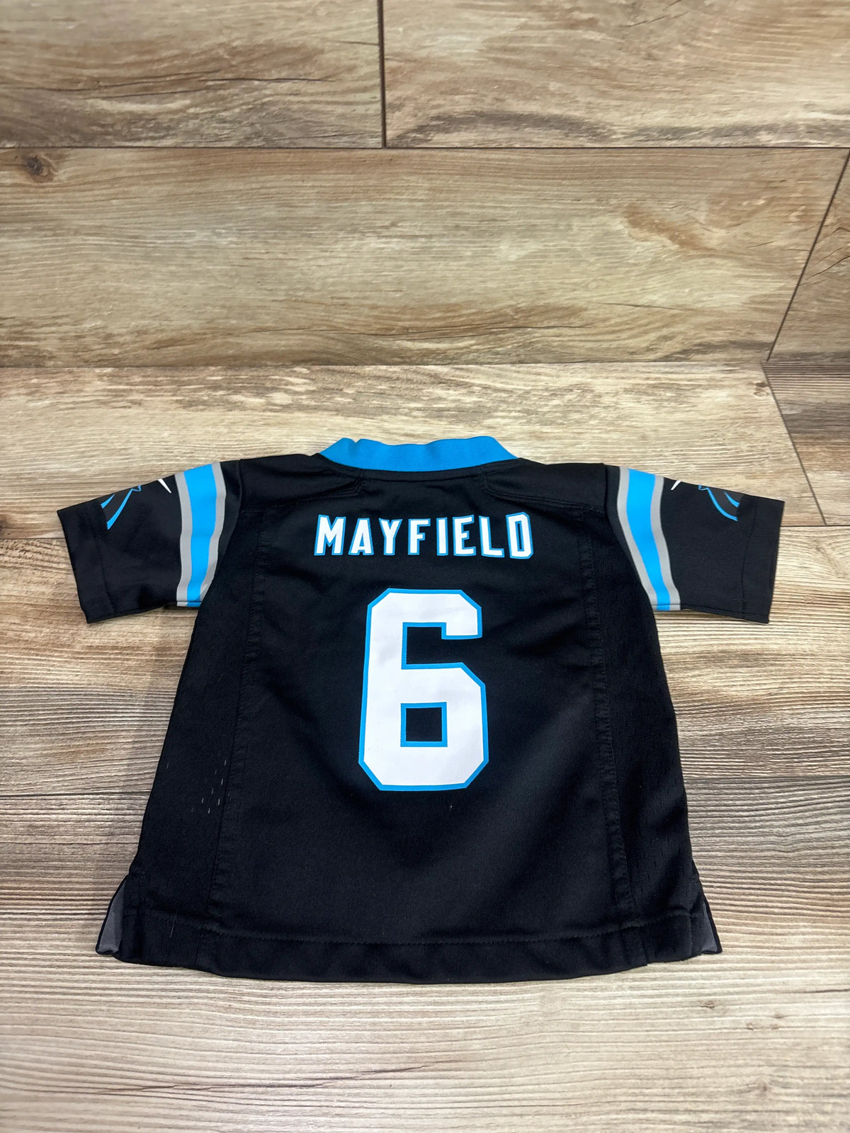 Back view of a black NFL Nike Carolina Panthers Baker Mayfield #6 toddler jersey, size 2T.