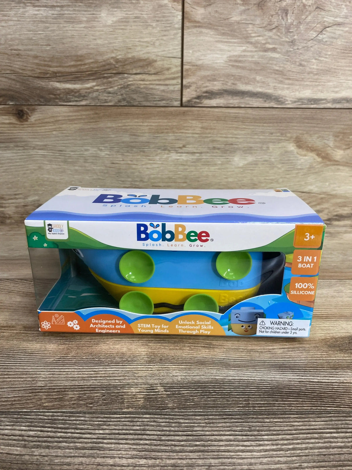 BobBee 3-in-1 blue and yellow silicone boat toy with green suction cups for kids 3+, STEM educational play