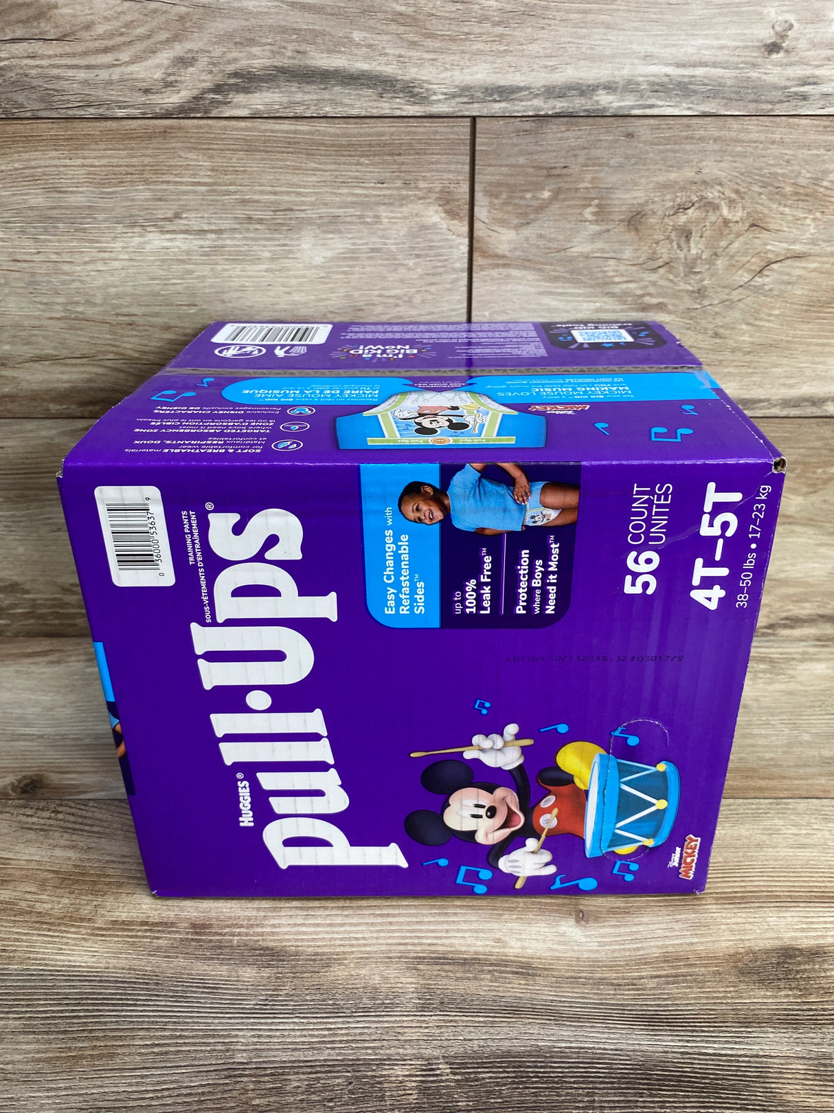 Huggies Pull-Ups box 4T-5T, 56 count, Mickey Mouse design, on wood floor