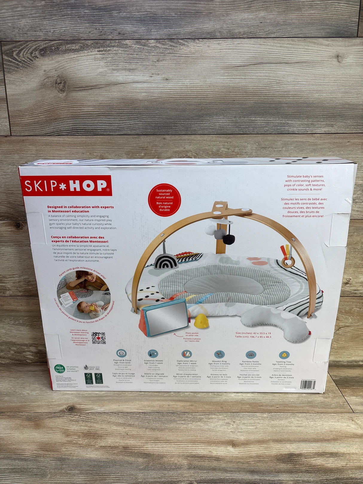 Front view of Skip Hop Discoverosity Play Gym showing wooden arch, gray mat, hanging toys and mirror on wood floor