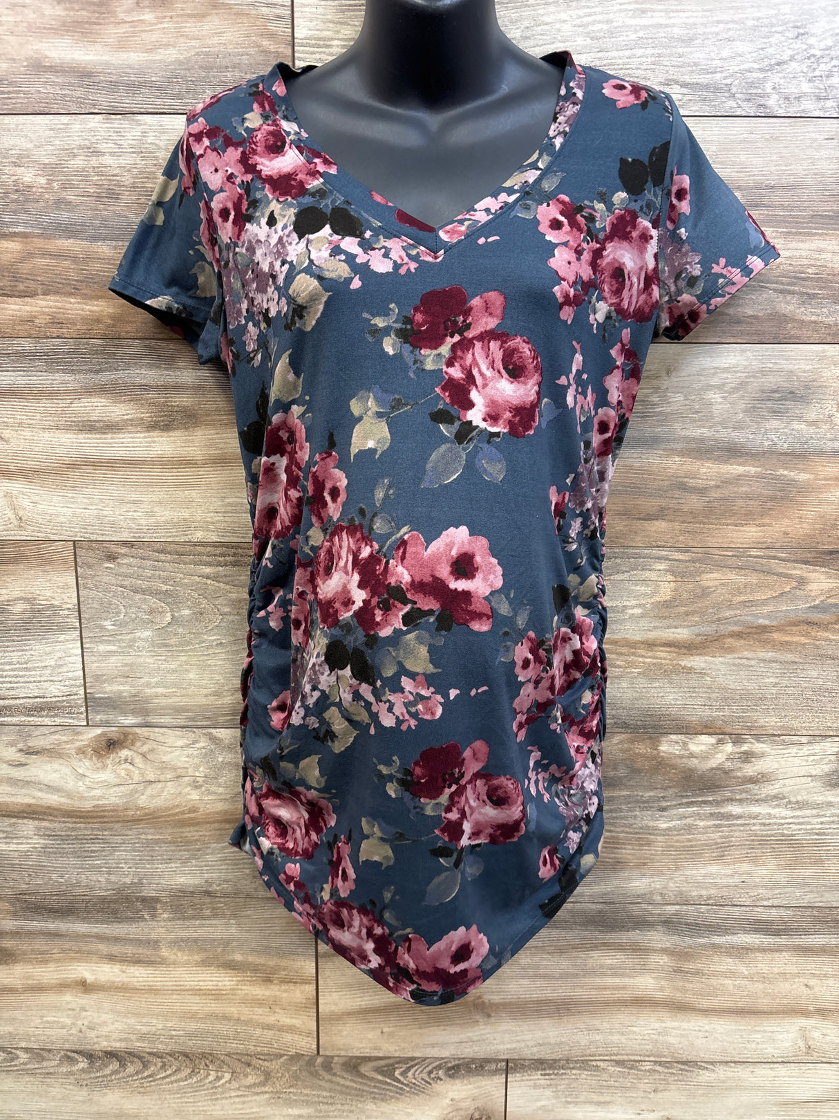 Full Moon Maternity Floral Ruched Shirt Blue sz Medium