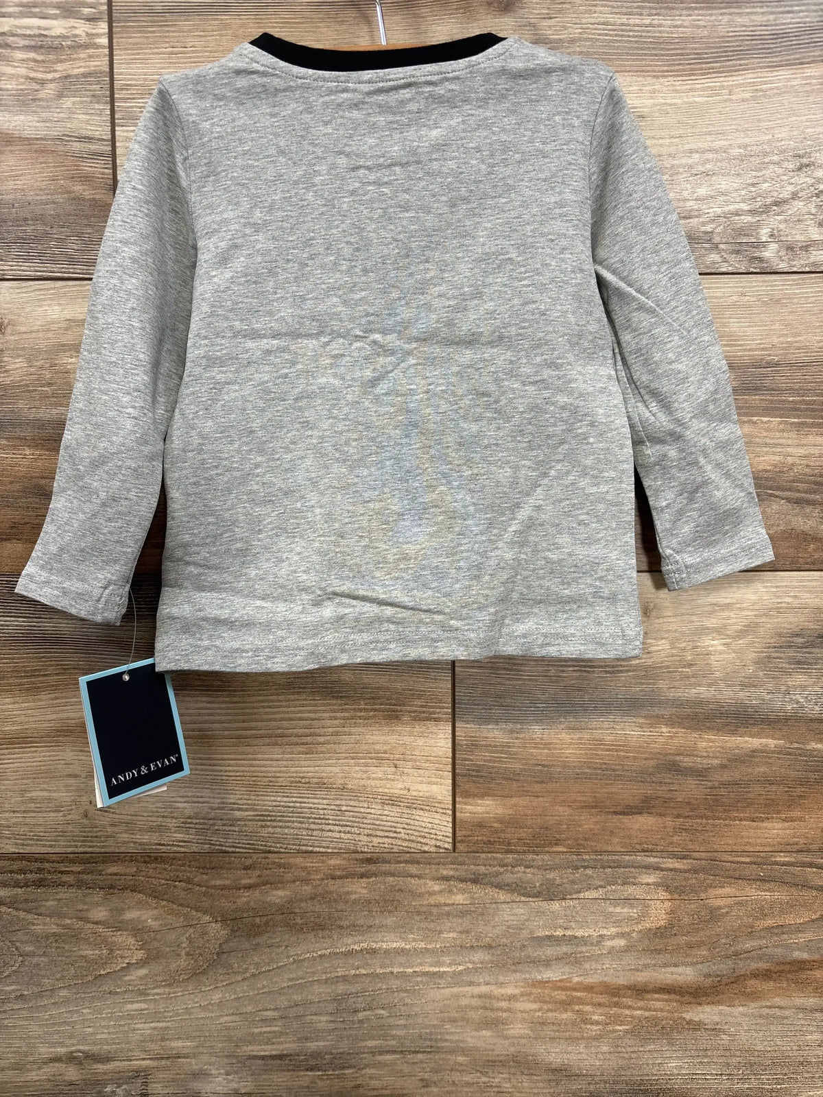 Gray long-sleeve kids shirt with black trim, Andy & Evan tag, displayed on wood background