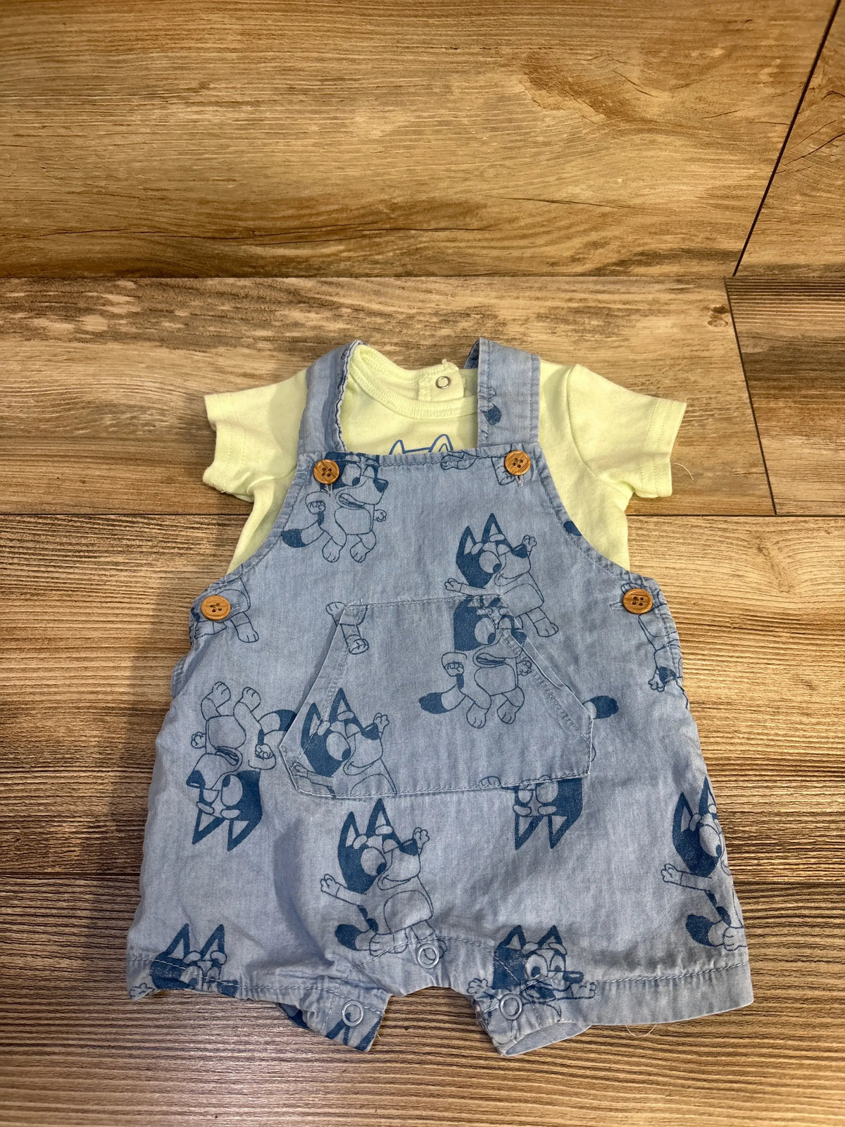 Bluey chambray short sleeve overalls and lime green t-shirt set for newborns