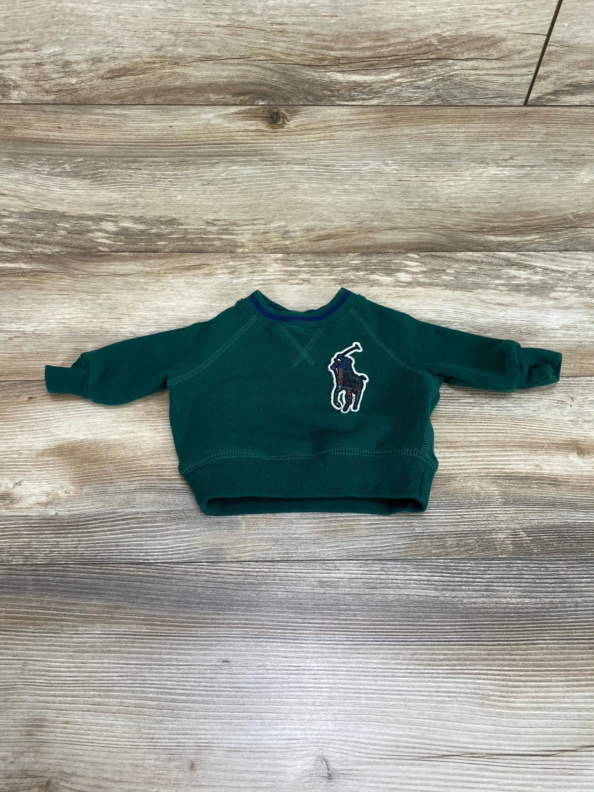 Front view of Ralph Lauren baby green fleece sweatshirt with Big Pony logo and ribbed cuffs, size 3 months