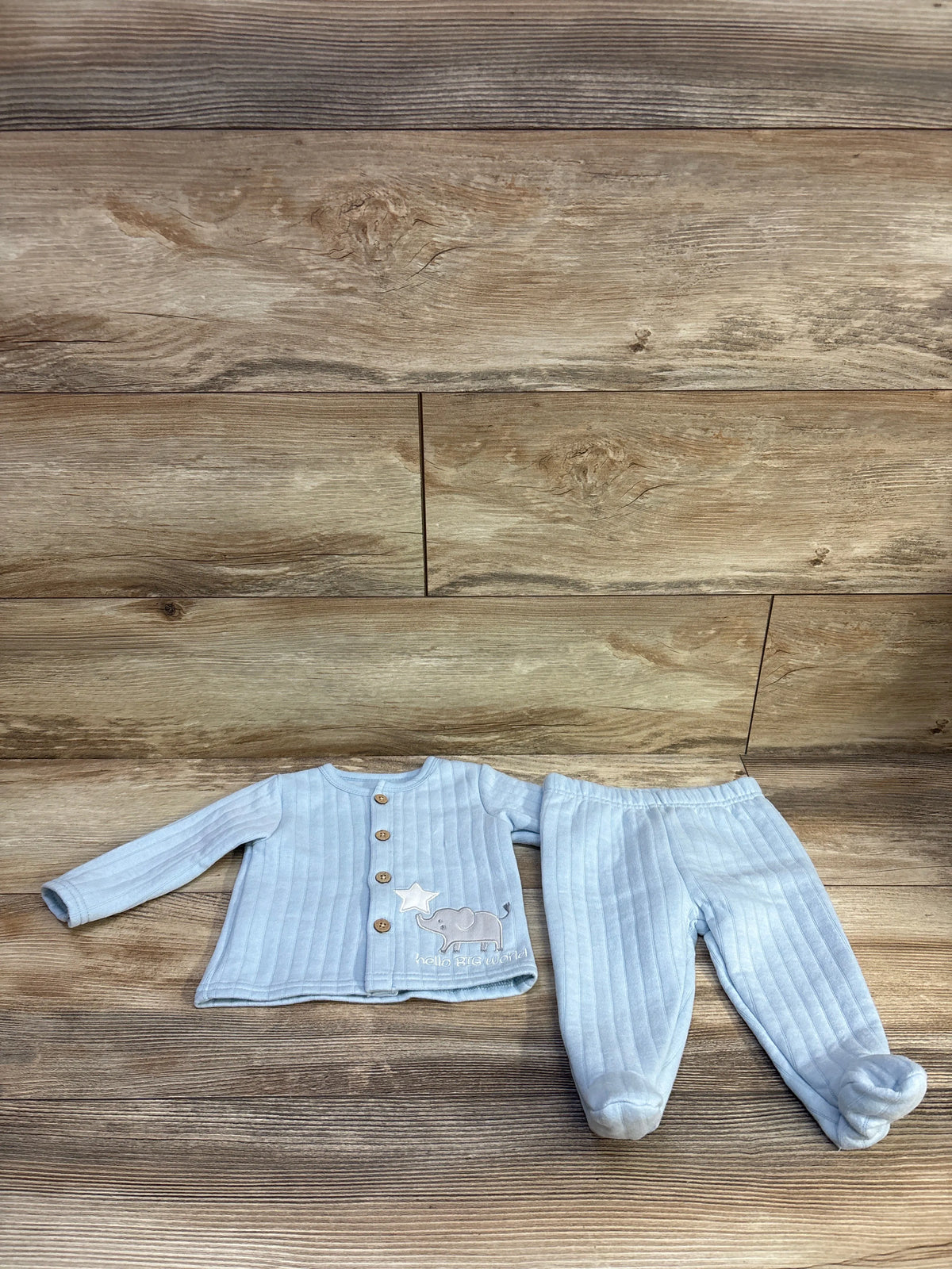 Top view of blue Duck Duck Goose shirt and footed pants set with ribbing, elephant graphic reading hello BIG world, against wood