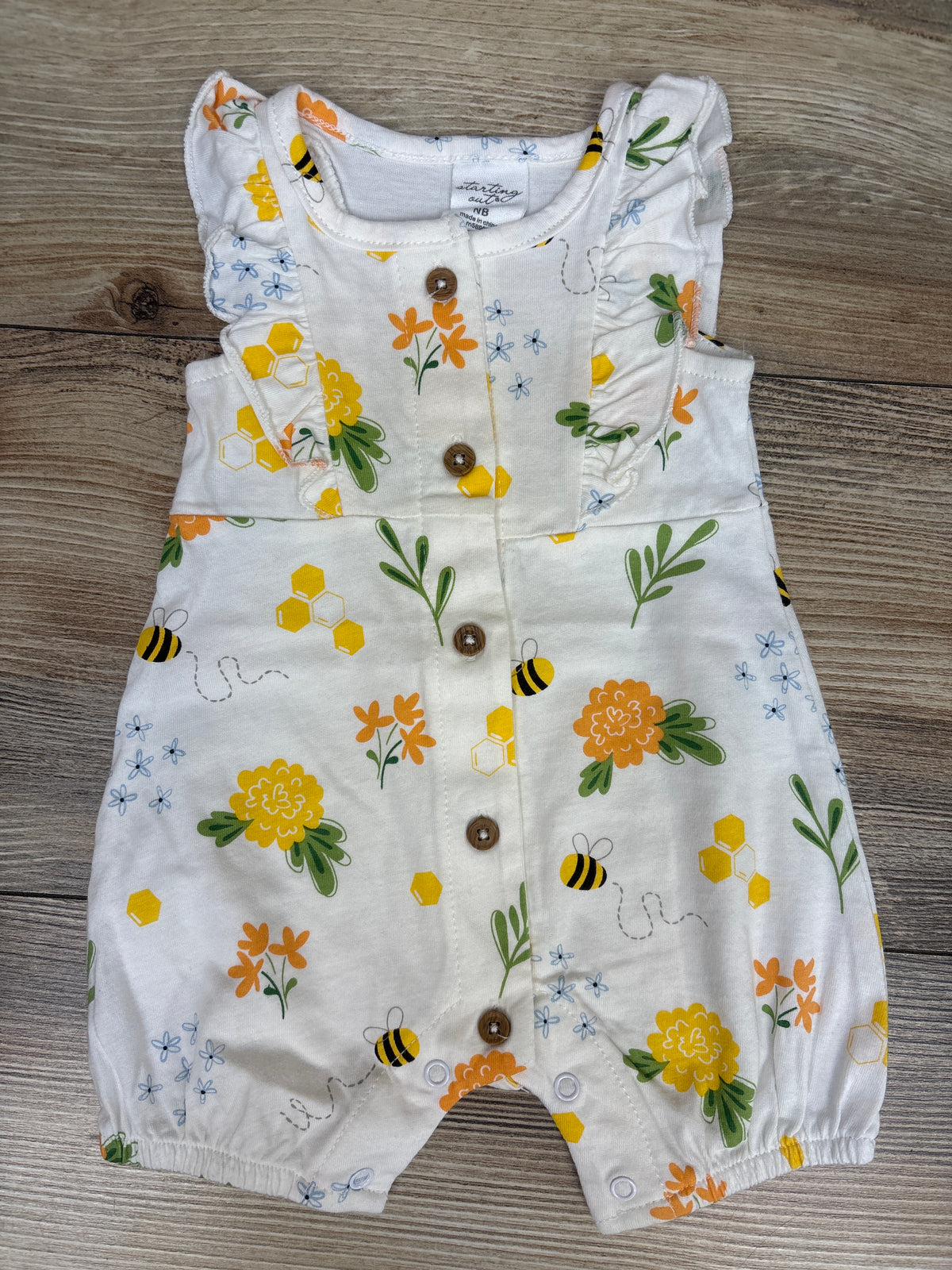 Starting Out Bee Print Button-Front Shortie Romper White sz Newborn