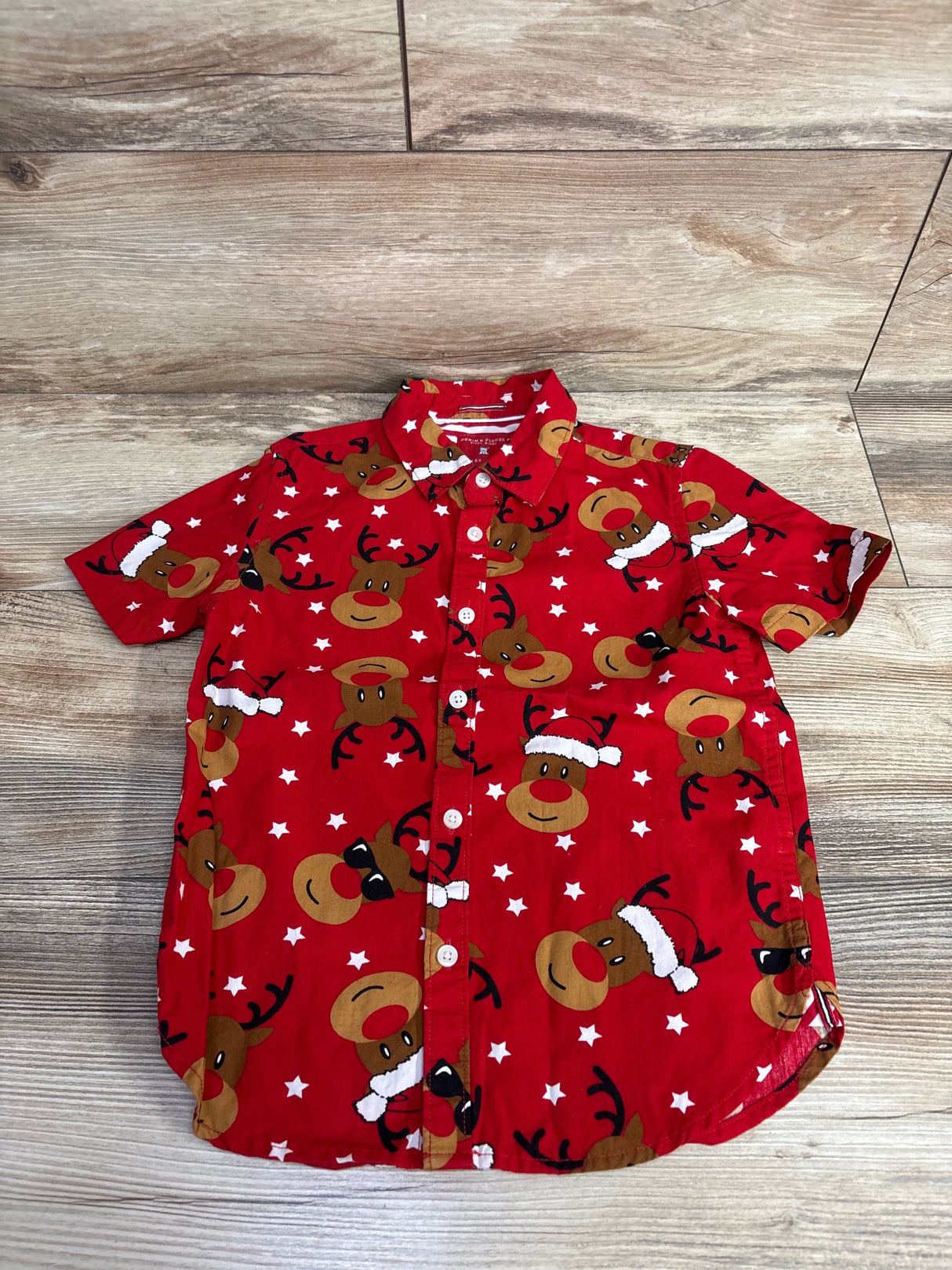 Denim & Flower Reindeer Christmas Button Up Shirt Red sz 5T-6