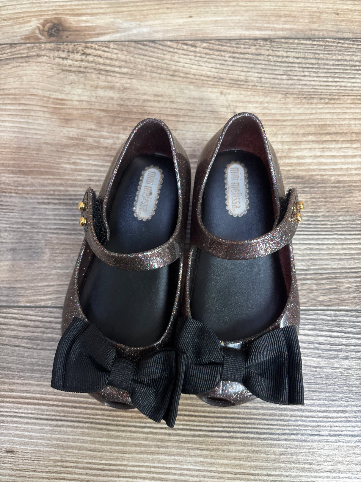 Mini Melissa 'Ultragirl Bow' Jelly Flat Black Glitter sz 7c