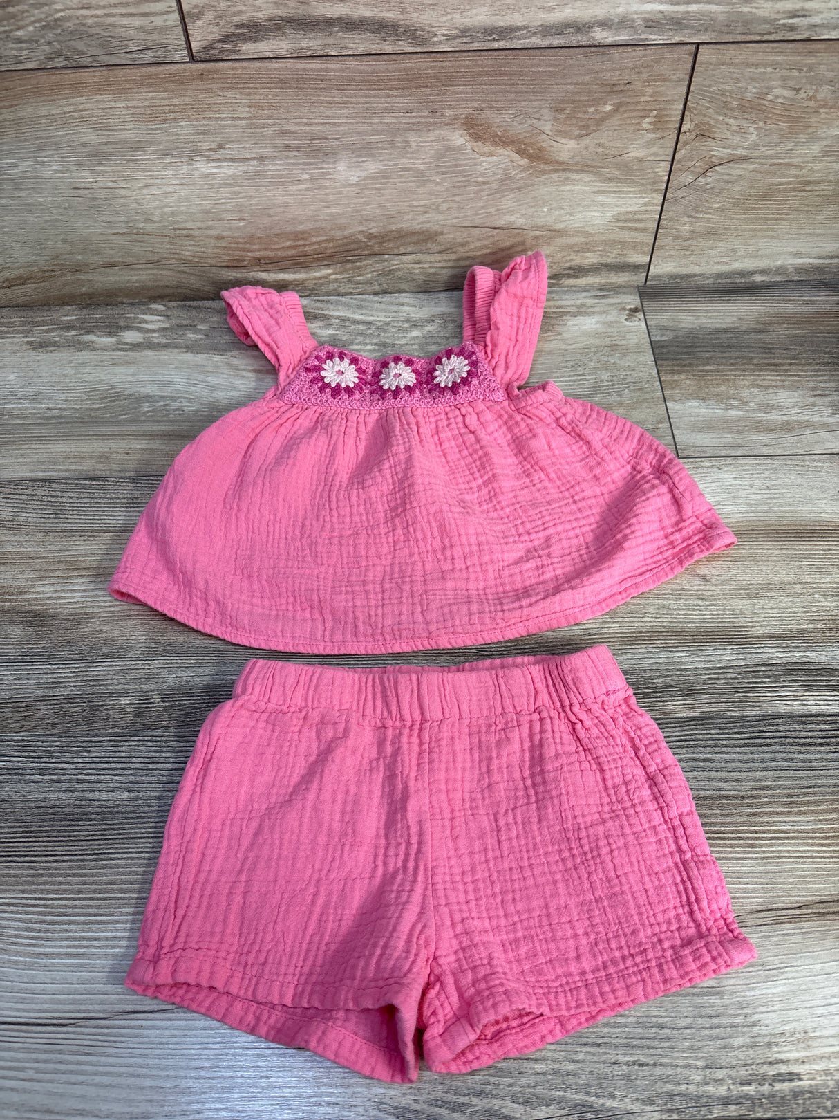 Okie Dokie 2pc Gauze Crochet Top & Shorts Set Pink sz 18m